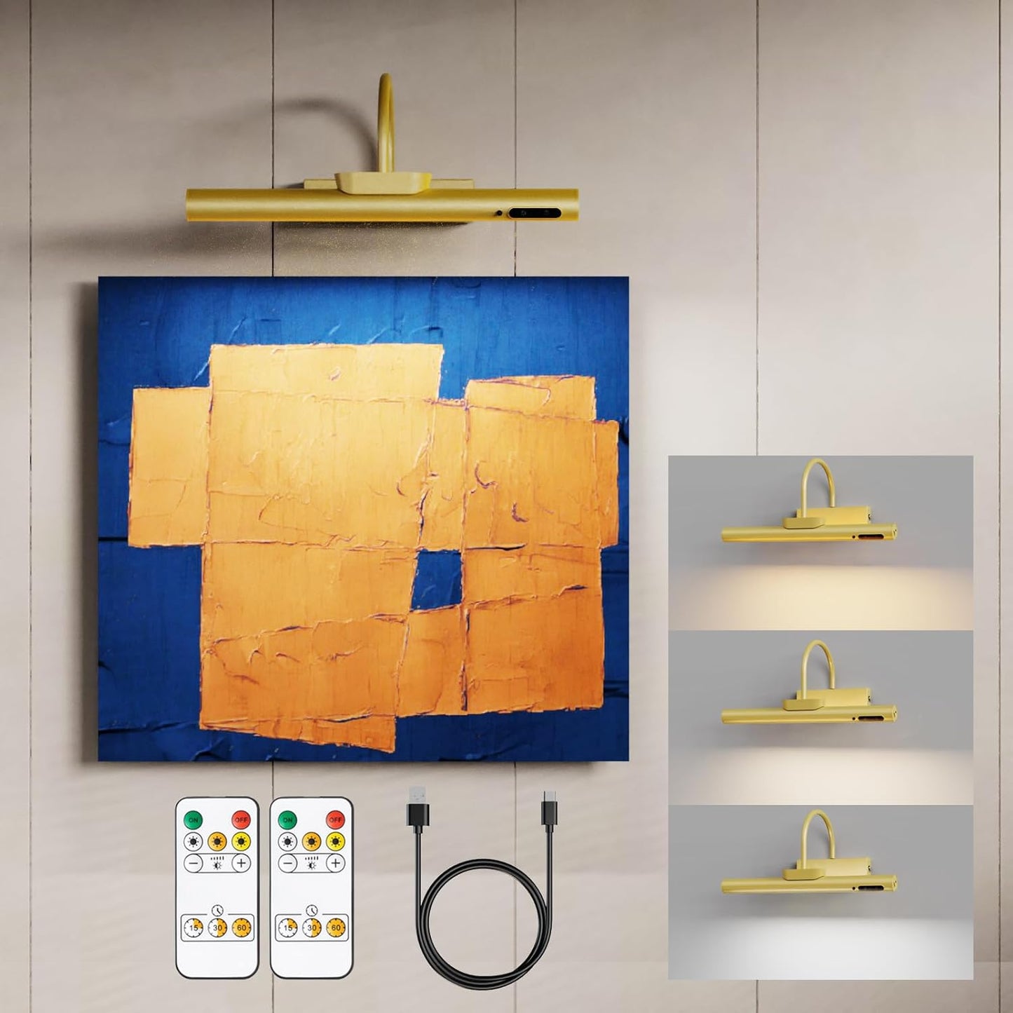 13.8inch Battery Operated Wireless Picture Light，Remote Control Painting Display Lights, Rechargeable Wall Lights with Three Modes and Power Display for Art Frame (13.8in Gold-2set)