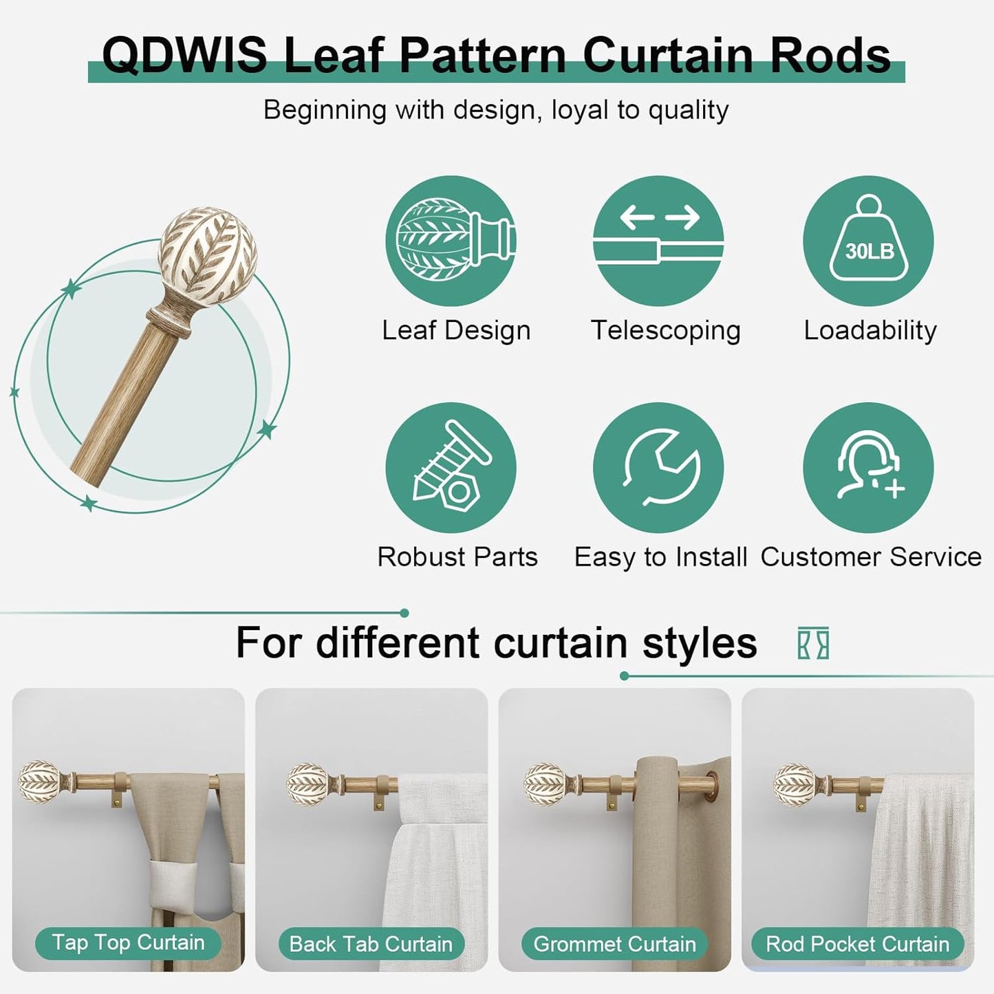 2 Pack Boho Wood Curtain Rods for Windows 66 to 120 inch,1" Adjustable Heavy Duty Window Curtain Rod with Imitation Wood Grain Finials,Rustic Decorative Drapery Rods Set 36-120'',Weathered Wood