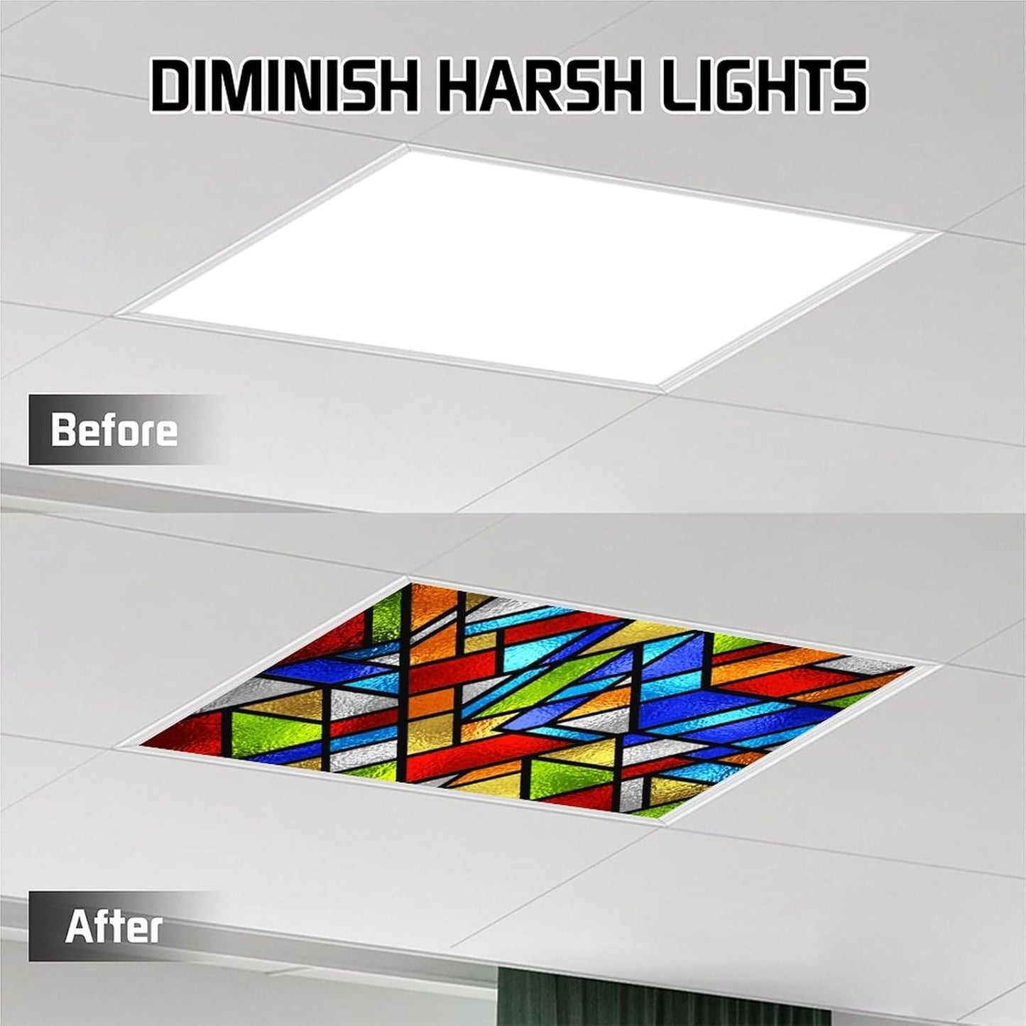 2PCS Fluorescent Light Cover for Ceiling Light Classroom-Stained Glass Patten Magnetic Light Cover Shade Panel,Decorative Film Filter for Reducing Harsh Glare Flicker Home School Office Decorations