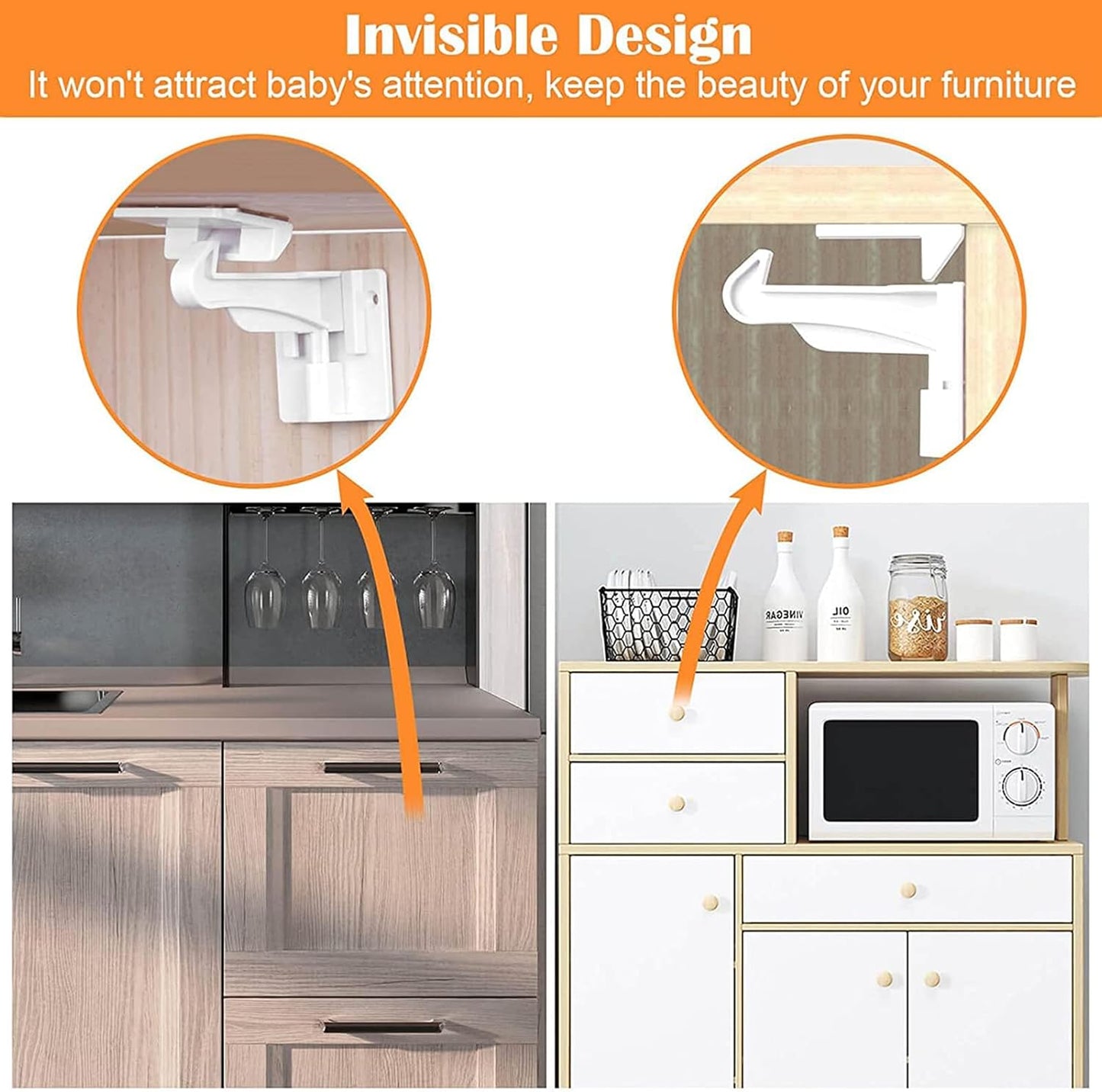 20 Pack Upgraded Invisible Baby Proofing Cabinet Latch Locks – No Drilling & Tools Needed, Fits Most Cabinets & Drawers, Works with Countertop Overhangs, Strong Adhesive for Easy & Secure Installation