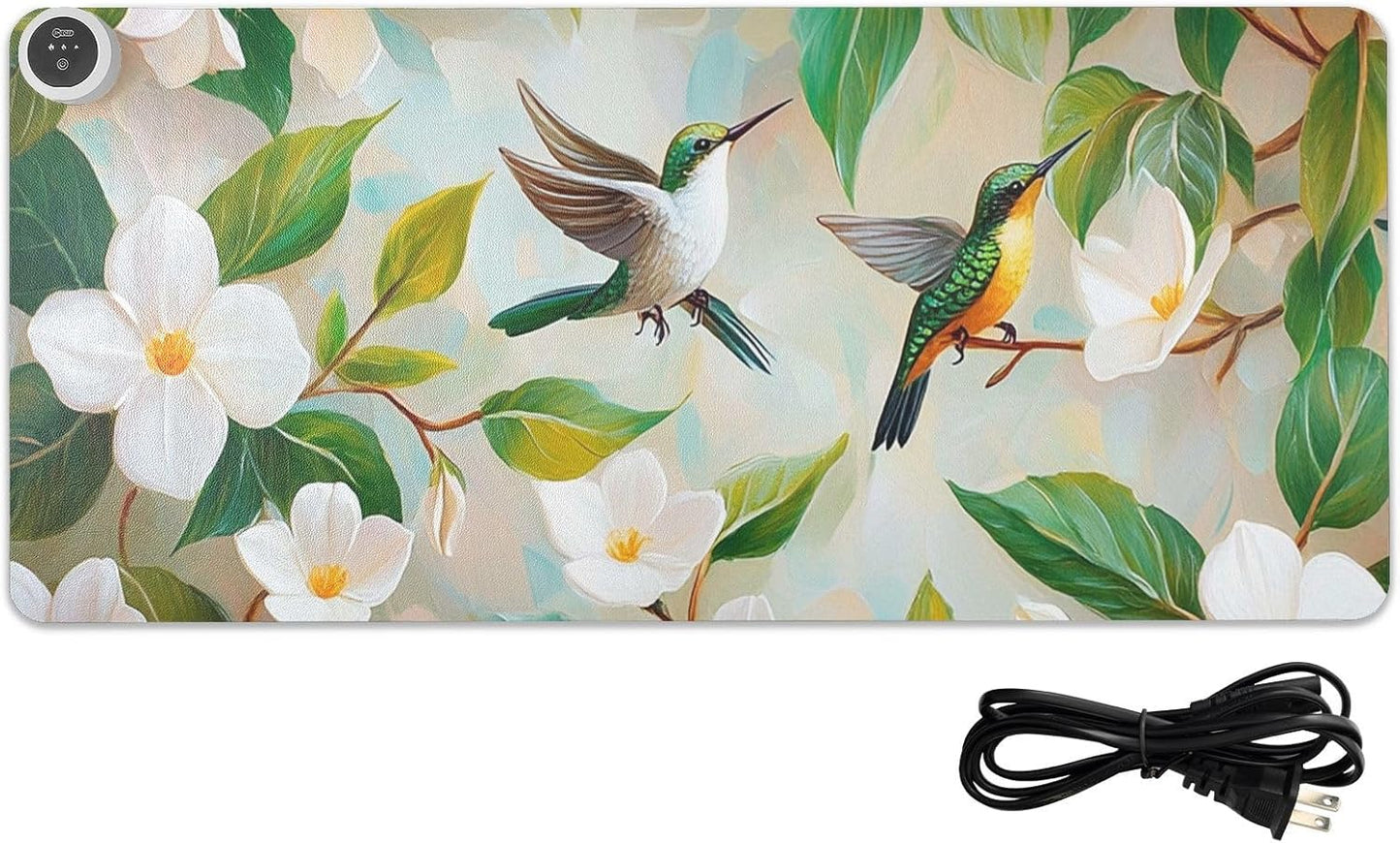 Heated Desk Pad Mouse Pad 31.5x13 Inch PU Leather Desk Mat with 3 Heat Levels Large Mouse Gaming Computer Laptop Mat Jasmine Flowers Green Leaves and Hummingbird