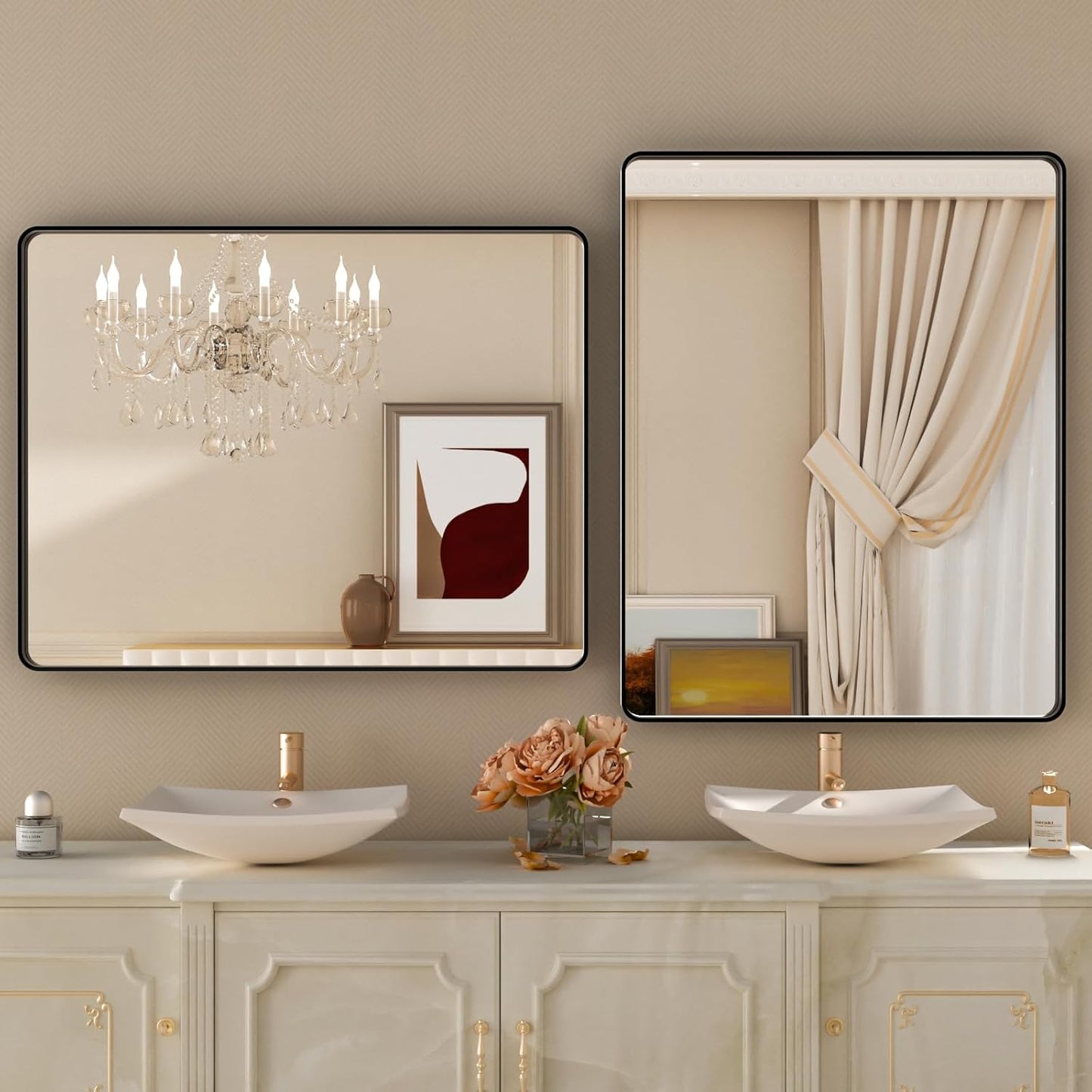 24x32 Inch Black Framed Bathroom Mirror,Matte Metal Frame Vanity Mirror,Round Corner,Farmhouse,Decorative Wall Mounted Rectangle Mirror