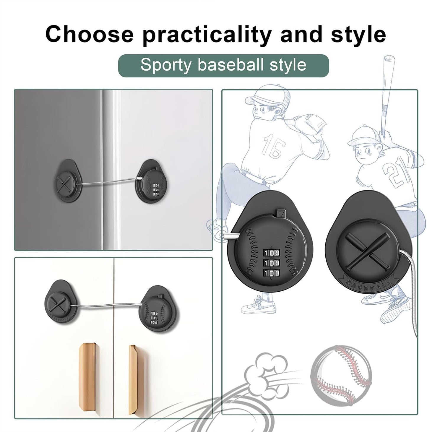 2 Pack Latest Baseball Style Child Safety Refrigerator Lock with 3 Digit Combination Code; Baby Proofing Cabinet Latches for Fridge, Closet, Drawer & Freezer (Black)