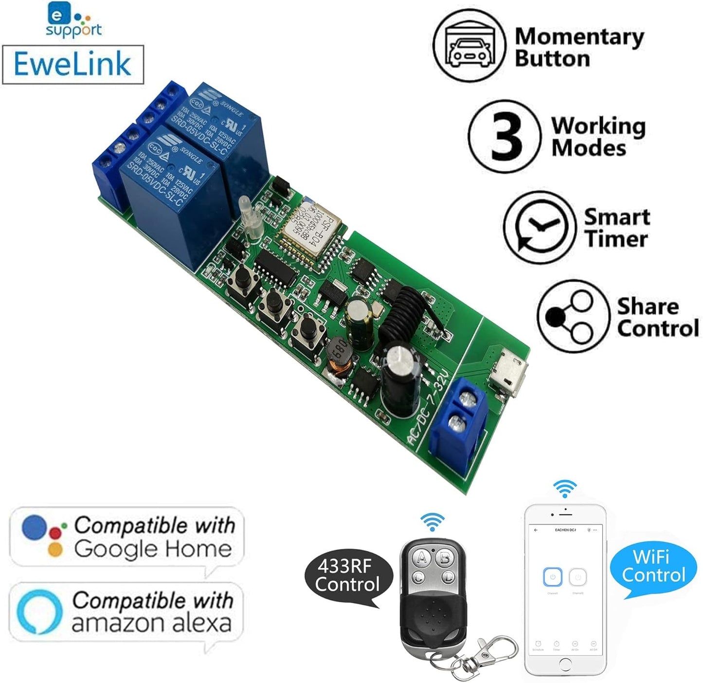 2-Channel Ewelink App Remote Control WiFi 433MHz RF Wireless Switch Relay, self-Locking, Interlock Mode, Used to Access and Control Smart Garage Doors, Compatible with Alexa Goolge