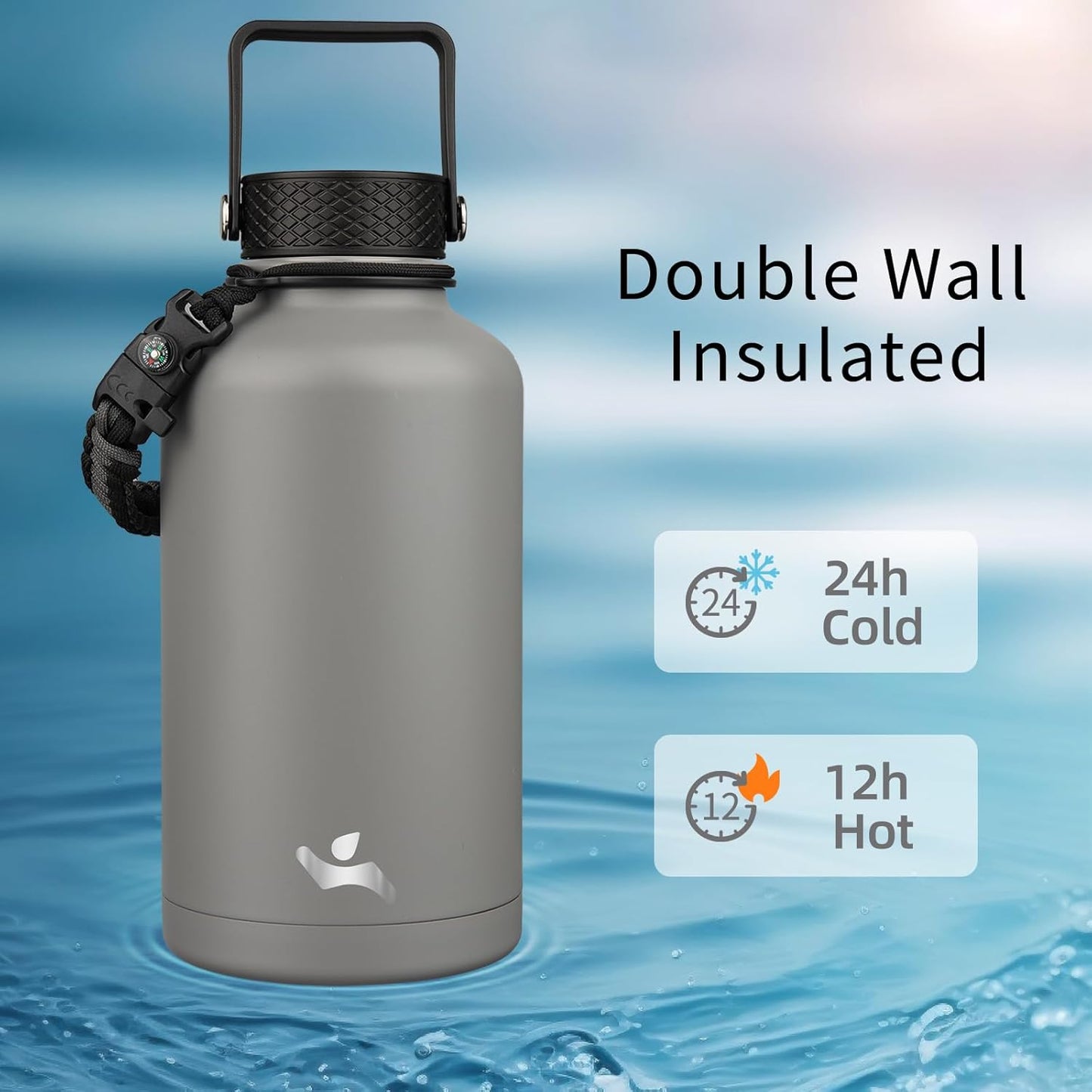 Half Gallon Insulated Water Bottle with Straw,64 oz 3 Lids Water Jug with Carrying Bag,Paracord Handle, Double Wall Vacuum Stainless Steel Metal Flask,Sky