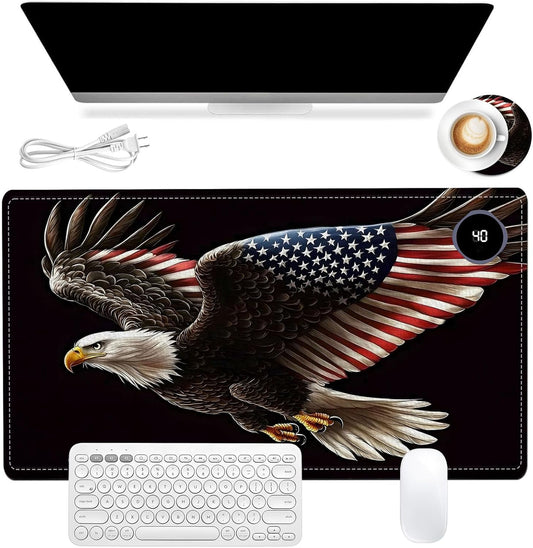 Heated Mouse Pad, Warm Desk Pad, Keyboard Mat 23.6 x 14 Inch Large Size Intelligent Fast Heating, 3 Speed Adjustable, Timed Auto Power Off for Game Office Home, Soaring American Flag Eagle