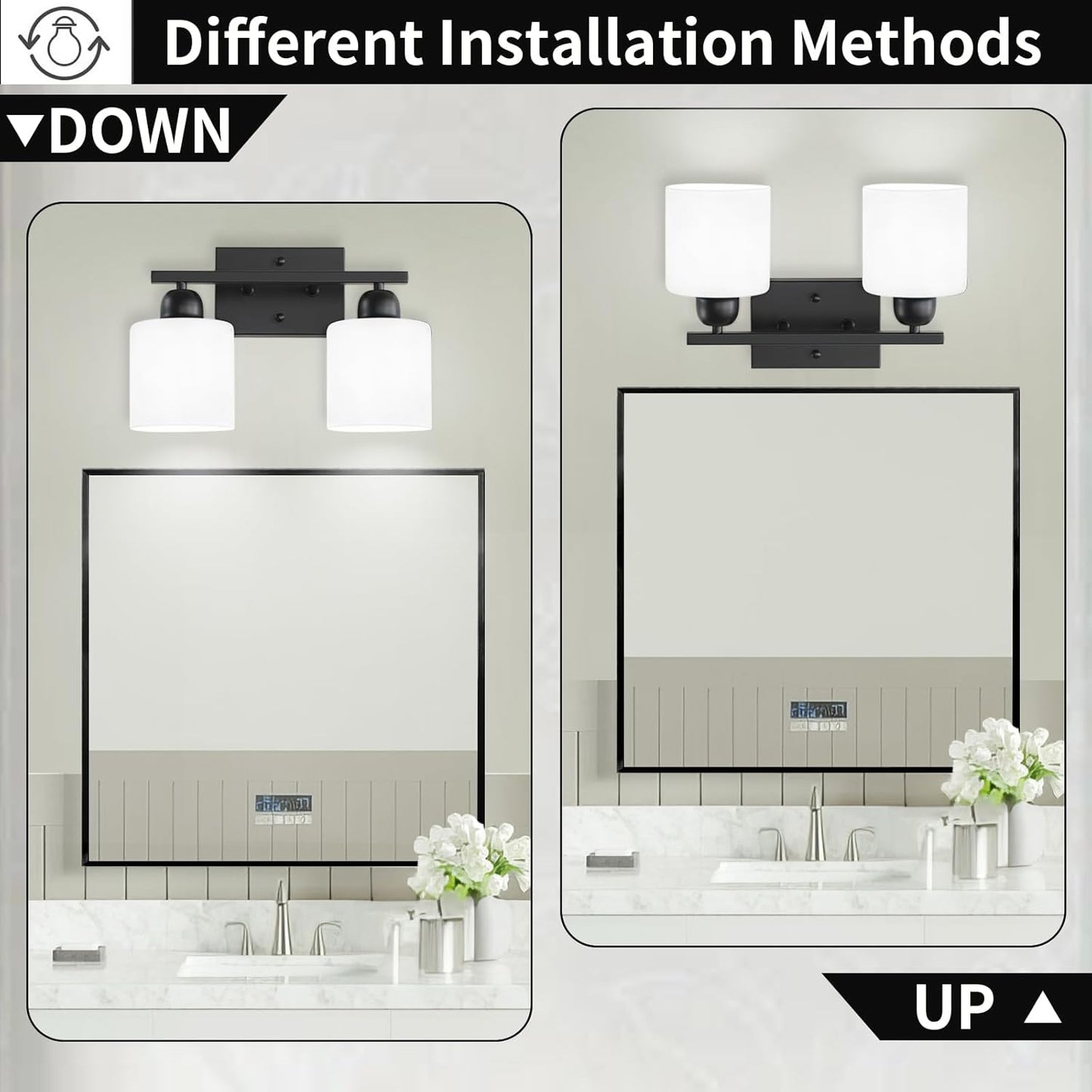2 Light Black Bathroom Light Fixture, Modern Bathroom Lights with Milky White Frosted Glass Shades for Mirror Living Room Bedroom Hallway E26 Base