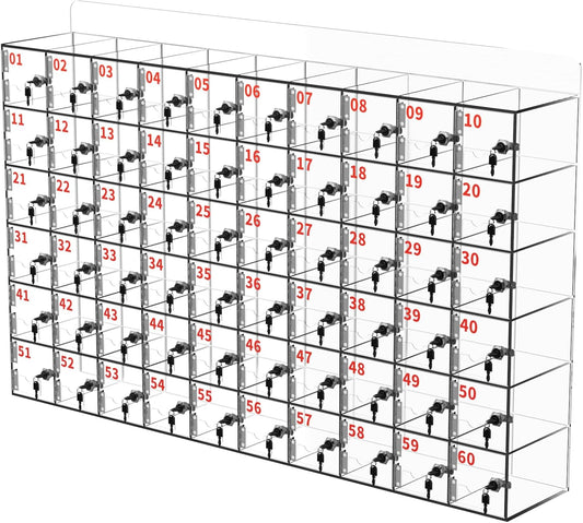 100 Slots Cell Phone Locker Acrylic Cell Phone Lock Box with Door Locks and Keys, Wall-Mounted Cell Phone Storage Cabinet for Office Classroom Gym Firms, Clear Lockers for Storage (Large 60 Slots)