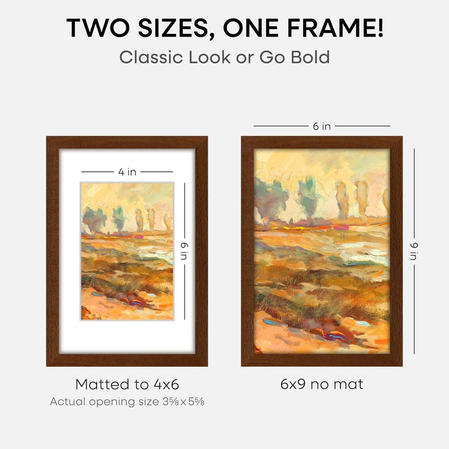 Homeforia 6x9 Picture Frame Brown Wood, High End Dark Oak 6x9 Walnut Wooden Frames with Mat 4x6 Photo, 6 x 9 Frame Matted to 4 x 6 Print, 9x6 Wall or Tabletop Frame, Tempered Glass, Wall Kit, Set of 1