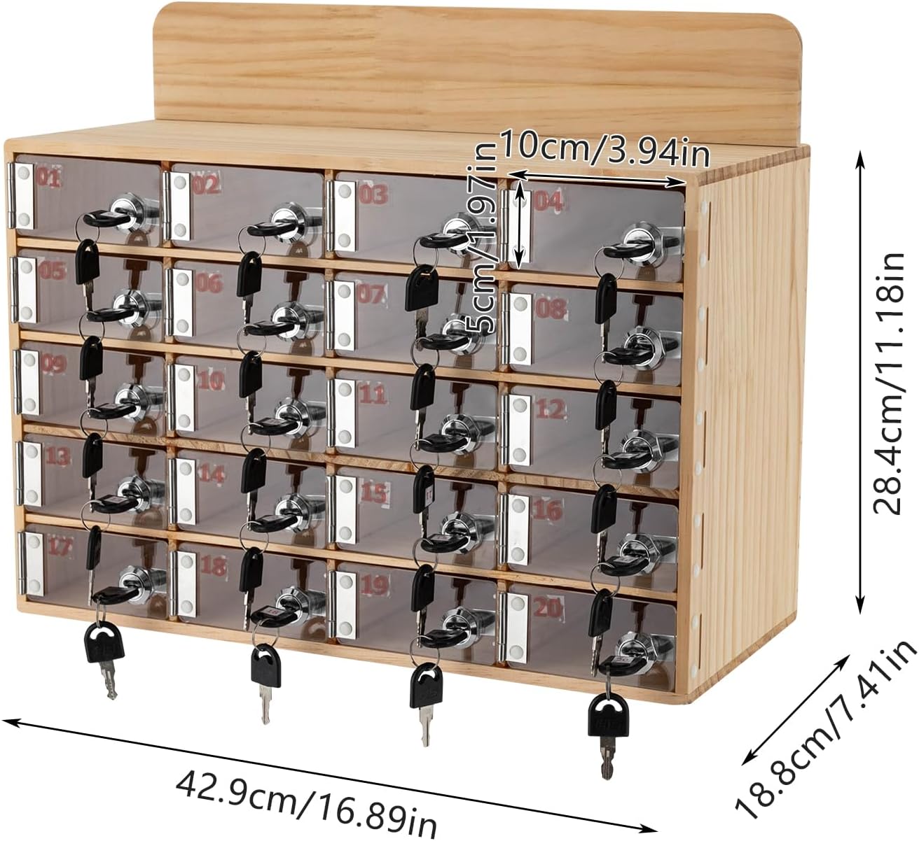 20 Slot Lockable Cell Phone Locker Box, Wall-Mounted/Freestanding Clear Acrylic & Wood Cell Phone Storage Cabinet with Door Locks and Keys for Classroom, Office, and School Employees