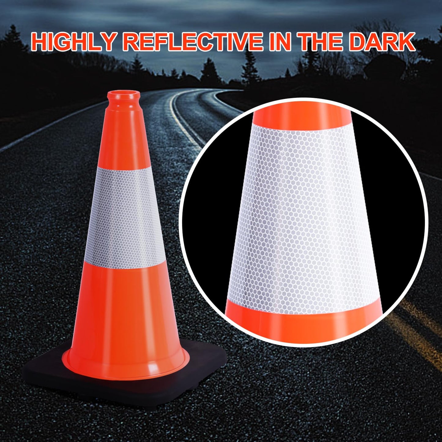 (5 Cones) BESEA 18" inch Orange PVC Cones Traffic Safety Cones Black Base Construction Road Parking Cone with 6" Reflective Collar