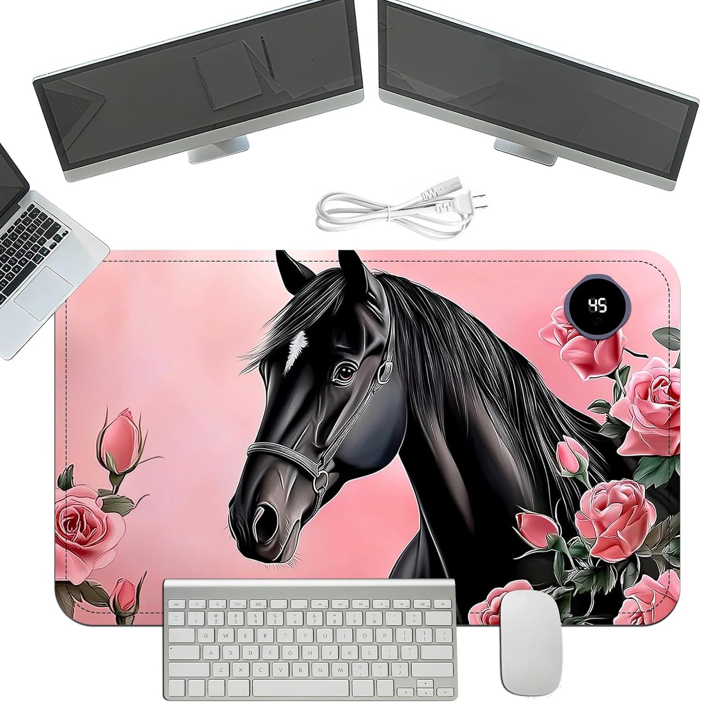 Heated Mouse Pad with 3 Temperature Settings(104°F–122°F),Large 24x14.2 Inch PU Leather Heated Desk Mat,Waterproof Warming Pad for Office,Gaming & Cold Hands Relief,Pink Rose Black Horse