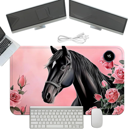 Heated Mouse Pad with 3 Temperature Settings(104°F–122°F),Large 24x14.2 Inch PU Leather Heated Desk Mat,Waterproof Warming Pad for Office,Gaming & Cold Hands Relief,Pink Rose Black Horse