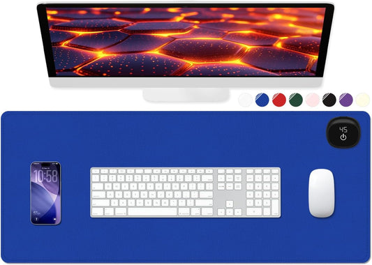 Heated Desk Pad, 31.5" x 13" Leather Non-Slip Warm Desk Pad, Large Mouse Mat with 3 Levels Heating & 3 Hours Auto Shut-Off, Hand and Foot Warmer for Office, Home, Navy Blue