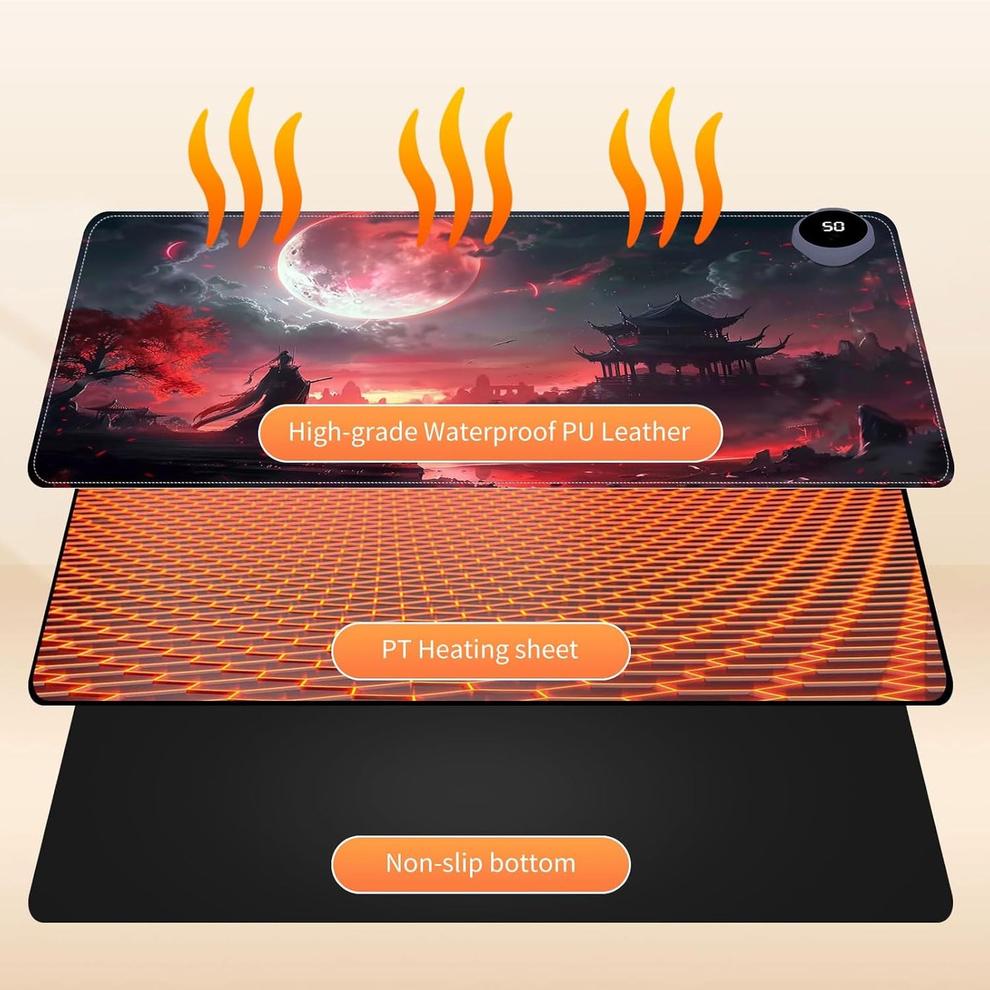 Heated Mouse Pad for Desk 31.5" x 13" – PU Leather Warm Desk Pad with 3 Heat Levels (104°F/113°F/122°F), Plug-in Electric Heating Mat with Auto Shut-Off, Waterproof & Rollable, Bloody Moonlight