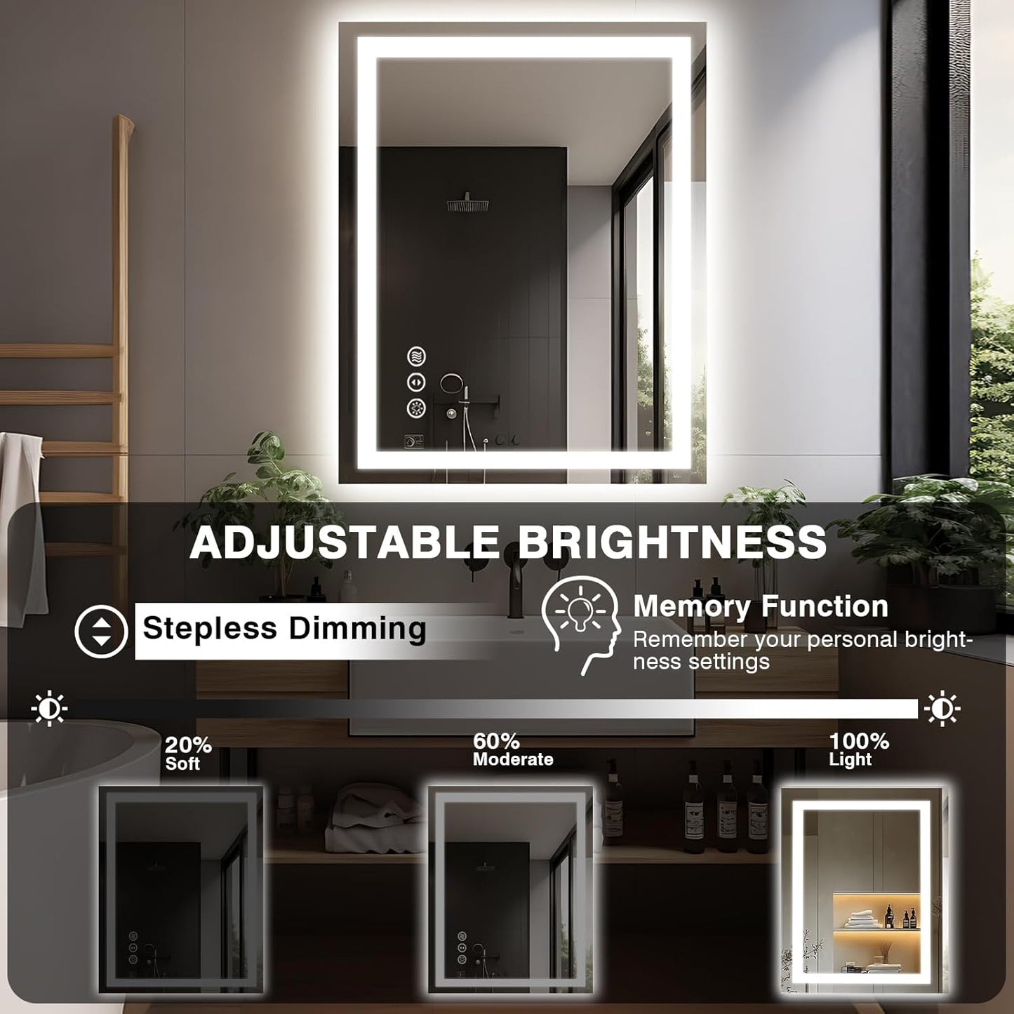 28"x36" LED Bathroom Mirrors for Wall, Front and Backlit Mirror, Anti-Fog Vanity Mirror with Lights, Stepless 3 Colors Dimmable Smart Lighted Mirror(Horizontal/Vertical)