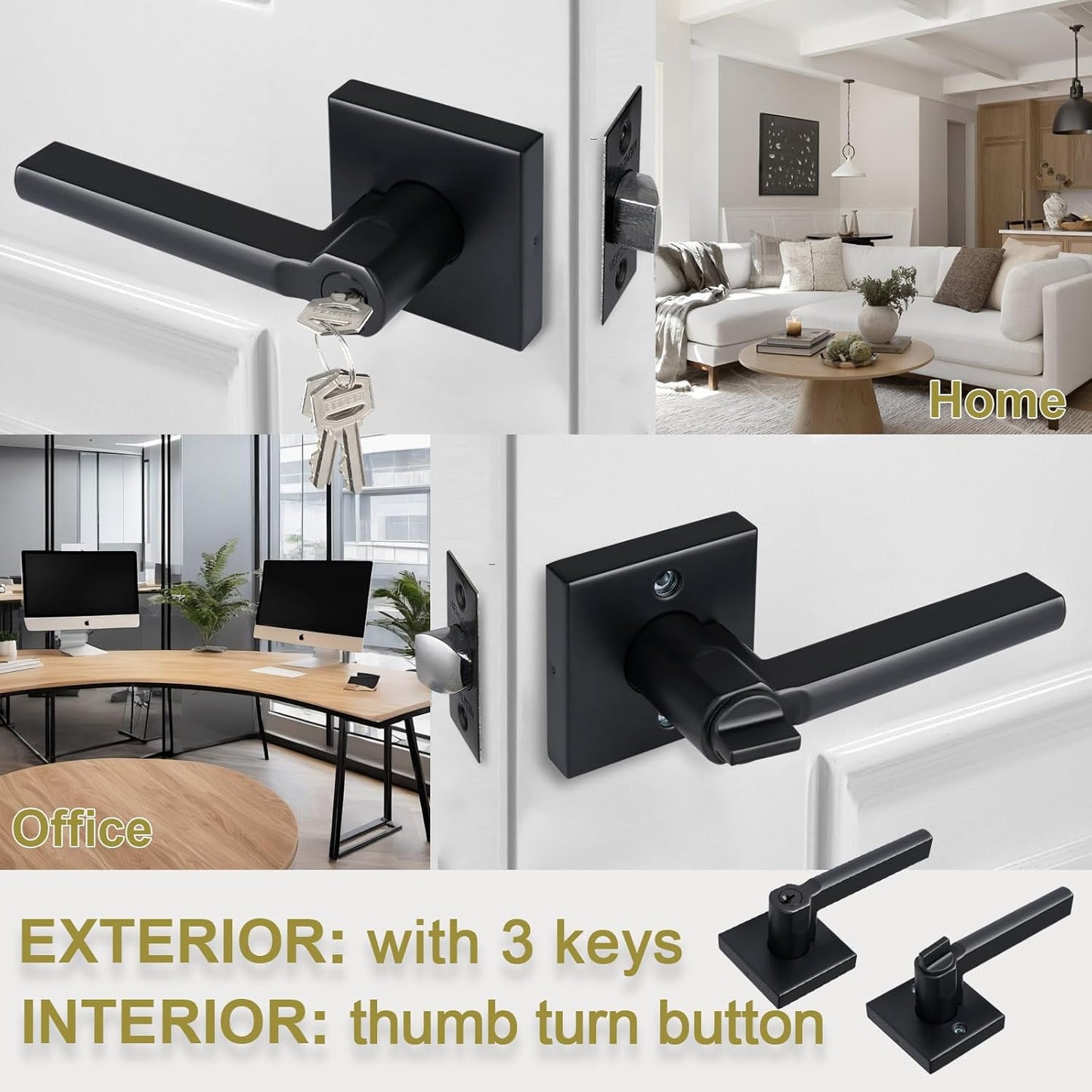 Keyed Entry Door Lever with Lock, Heavy Duty Square Interior Handle for Front Door and Office, Matte Black, Reversible for Right&Left Handed, 6Packs