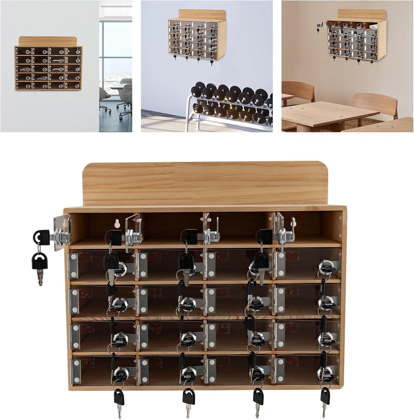 20 Slot Lockable Cell Phone Locker Box, Wall-Mounted/Freestanding Clear Acrylic & Wood Cell Phone Storage Cabinet with Door Locks and Keys for Classroom, Office, and School Employees