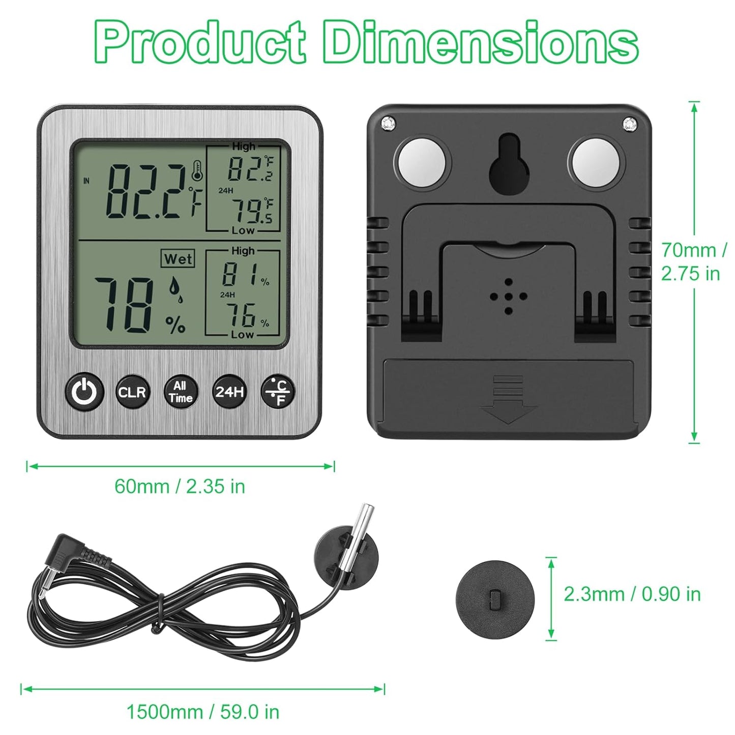 2 Pack zz20 Digital Fridge Thermometer with Extra Sensor, Hygrometer - Max/Min Temp & Humidity, Black