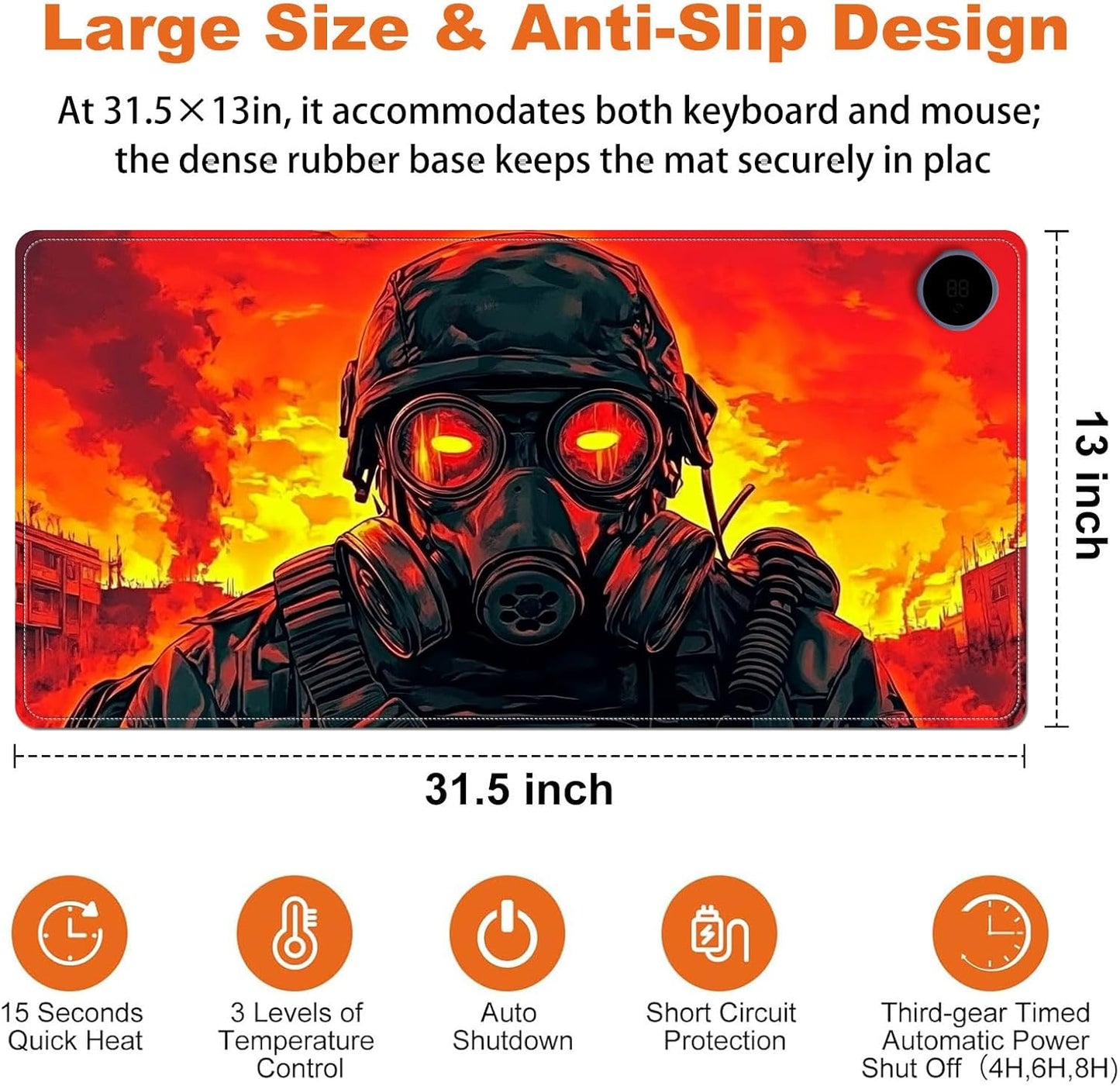 Heated Mouse Pad for Desk 31.5" x 13" – PU Leather Warm Desk Pad with 3 Heat Levels (104°F/113°F/122°F), Plug-in Electric Heating Mat with Auto Shut-Off, Waterproof & Rollable, Mask Soldier