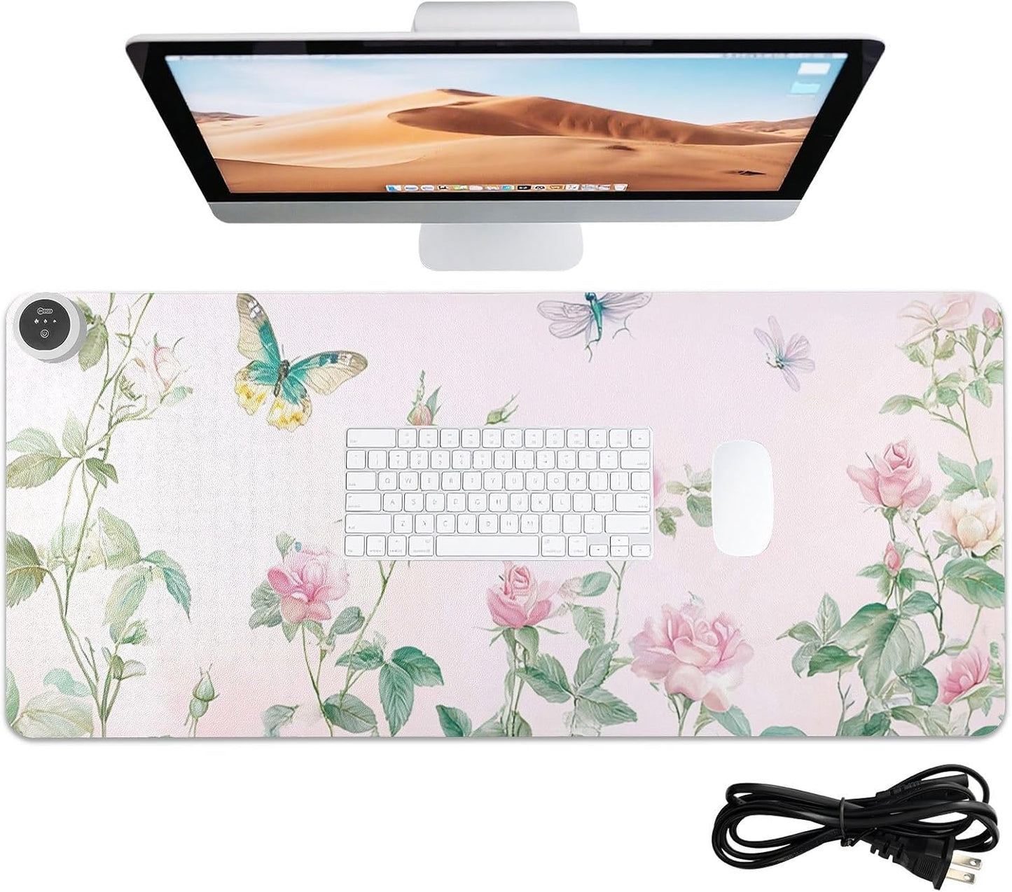 Heated Desk Pad Mouse Pad 31.5x13 Inch PU Leather Desk Mat with 3 Heat Levels Large Mouse Gaming Computer Laptop Mat Pink Spring Rose and Dragonfly Butterfly