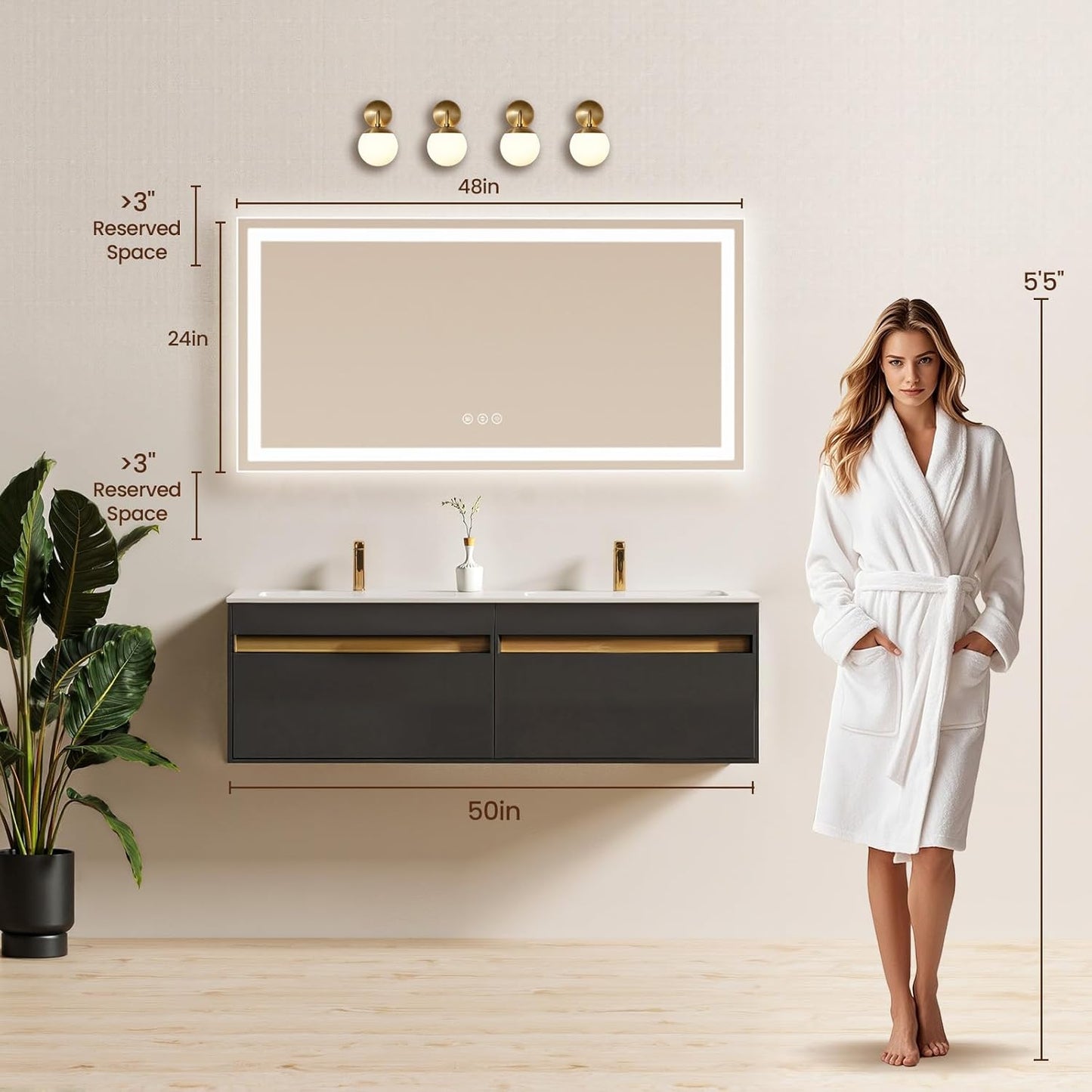 24X48 LED Bathroom Mirror with Lights, Anti-Fog, Backlit + Front Lit (CRI>90), Lighted Bathroom Vanity Mirror for Wall, Memory Function, Dimmable, Tempered Glass, Shatter-Proof