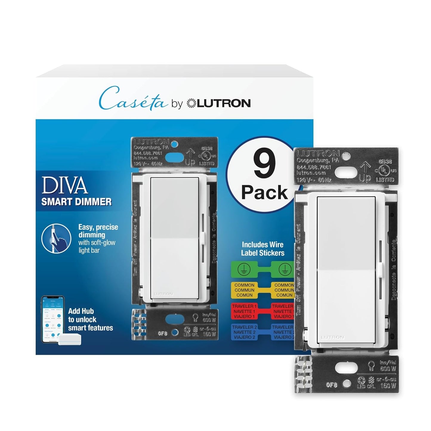 Lutron Diva Smart Dimmer Light Switch for Caseta Lighting (Lutron Smart Hub Required), for LED Lights, 150W, Single-Pole/3-Way, No Neutral, White, 9 Pack