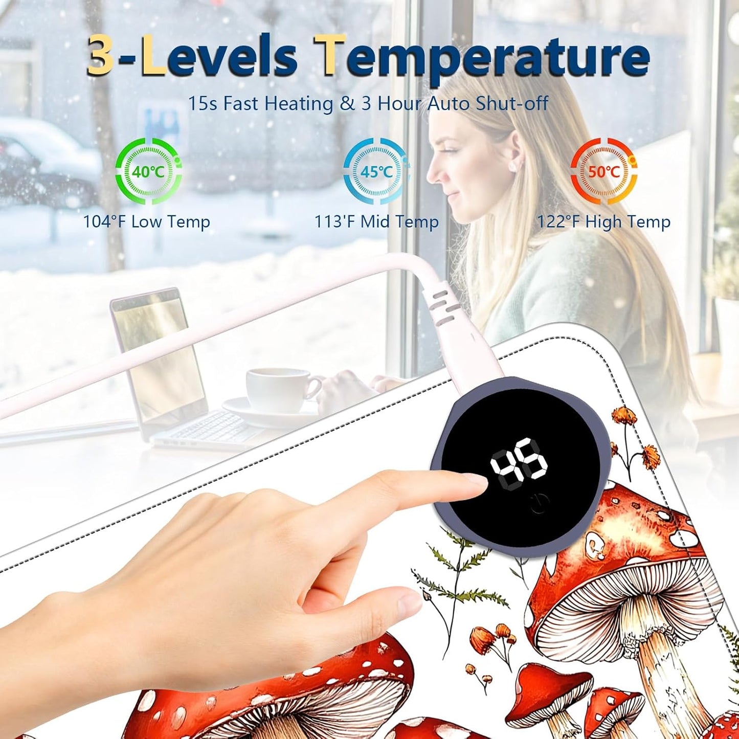 Heated Mouse Pad with 3 Temperature Settings(104°F–122°F),Large 31.5x13 Inch PU Leather Heated Desk Mat,Waterproof Warming Pad for Office,Gaming & Cold Hands Relief,Red Mushroom