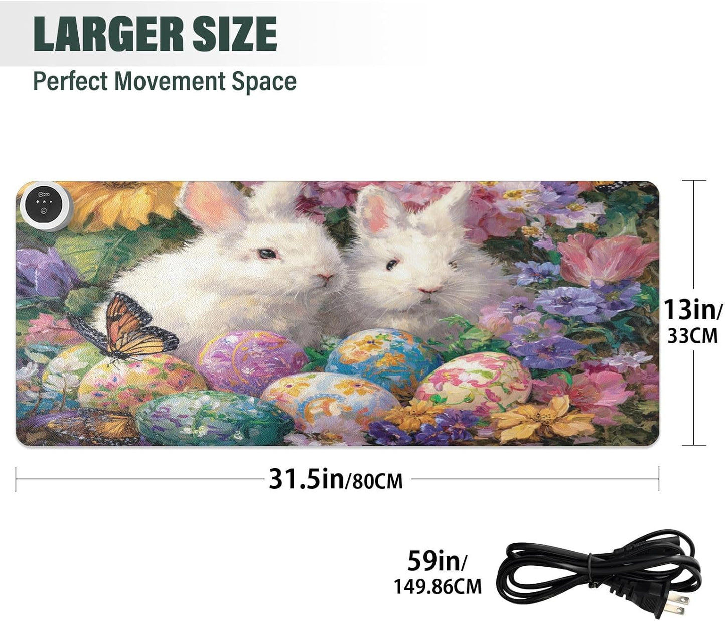 Heated Desk Pad Mouse Pad 31.5x13 Inch PU Leather Desk Mat with 3 Heat Levels Large Mouse Gaming Computer Laptop Mat Easter Bunny Eggs Sunflowers