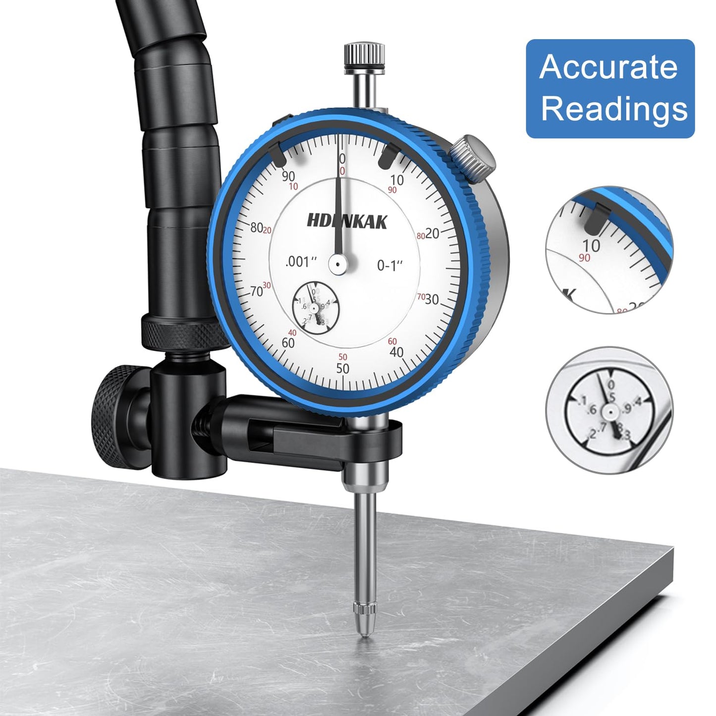 HDLNKAK Dial Indicator 0-1'' with Magnetic Base - Precision Machinist's Tool Set for Alignment, Includes Flexible Arm Base & 0.001" Accuracy Measuring Instrument.