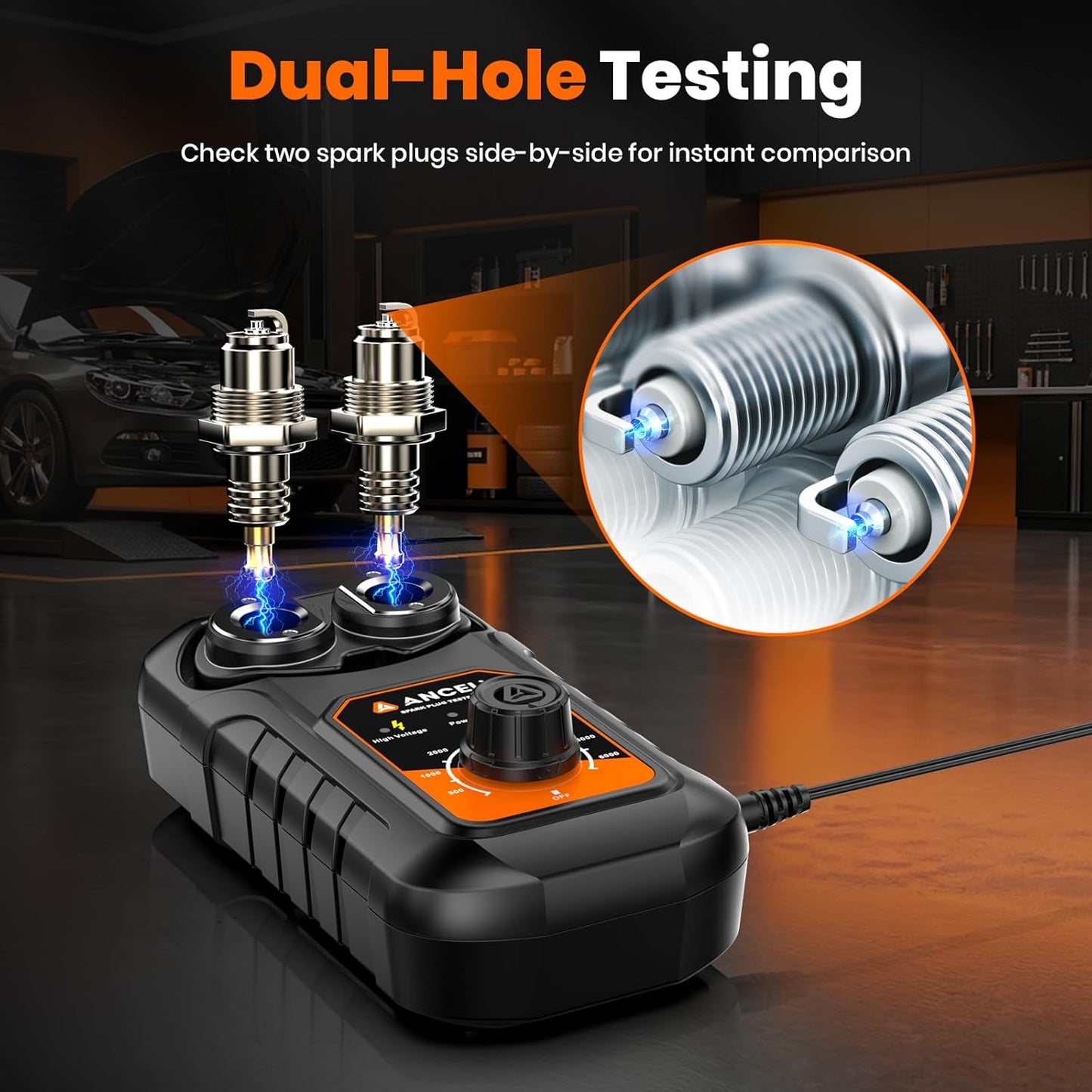 (Upgraded SP02) ANCEL SP21 Spark Plug Tester, Dual Holes Test Spark Plug Tool, Car Motorcycle Engine Ignition Tester 0 to 6000RPM Spark Tester Socket with Mistake-Proof Design