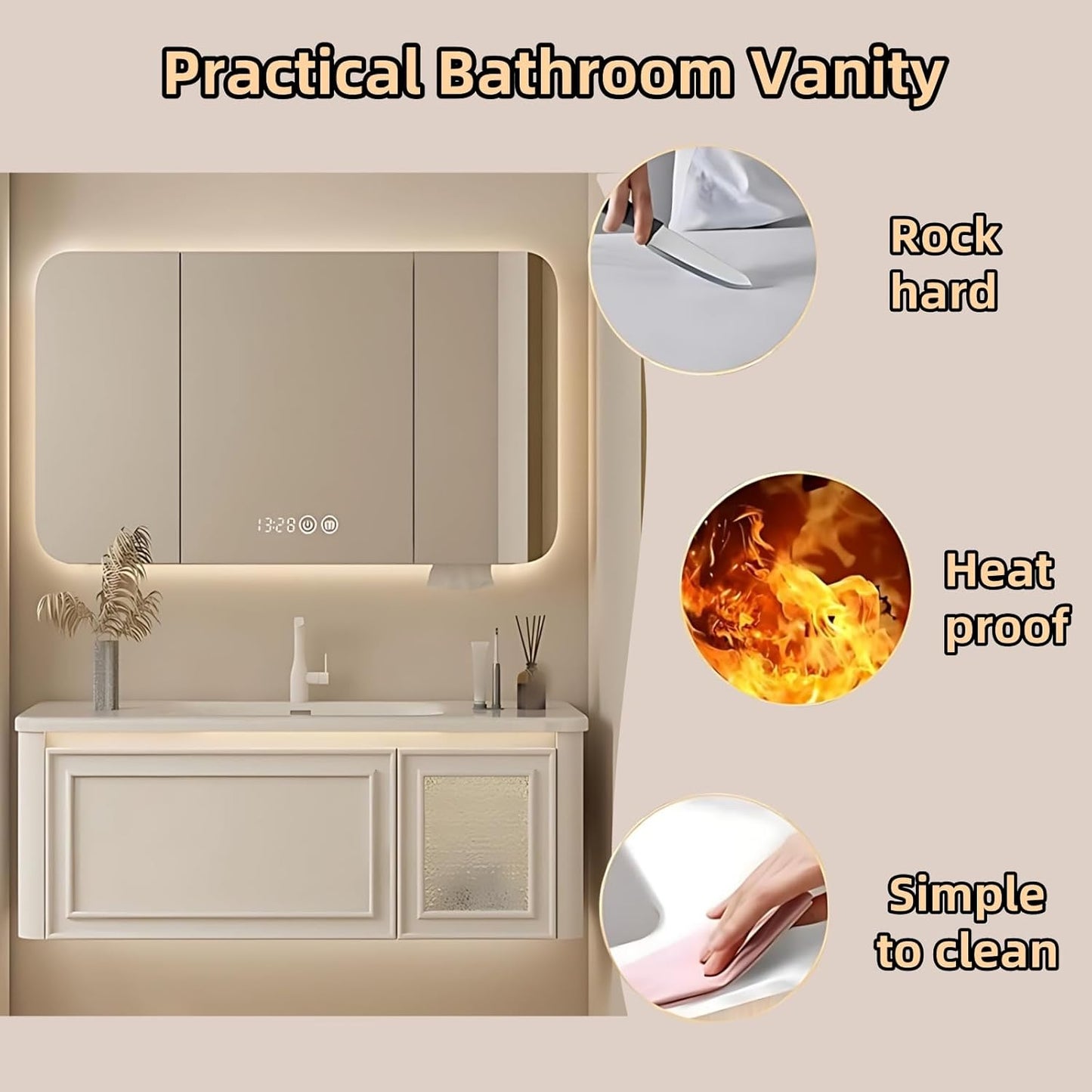 64IN Wall Mounted Bathroom Vanity Set - Wood Bathroom Vanities has Tissue Hole Design | Includes Smart Defogging Mirror Cabinet & Time Display, Rounded Corners, Glass Cabinet Doors (Style A)