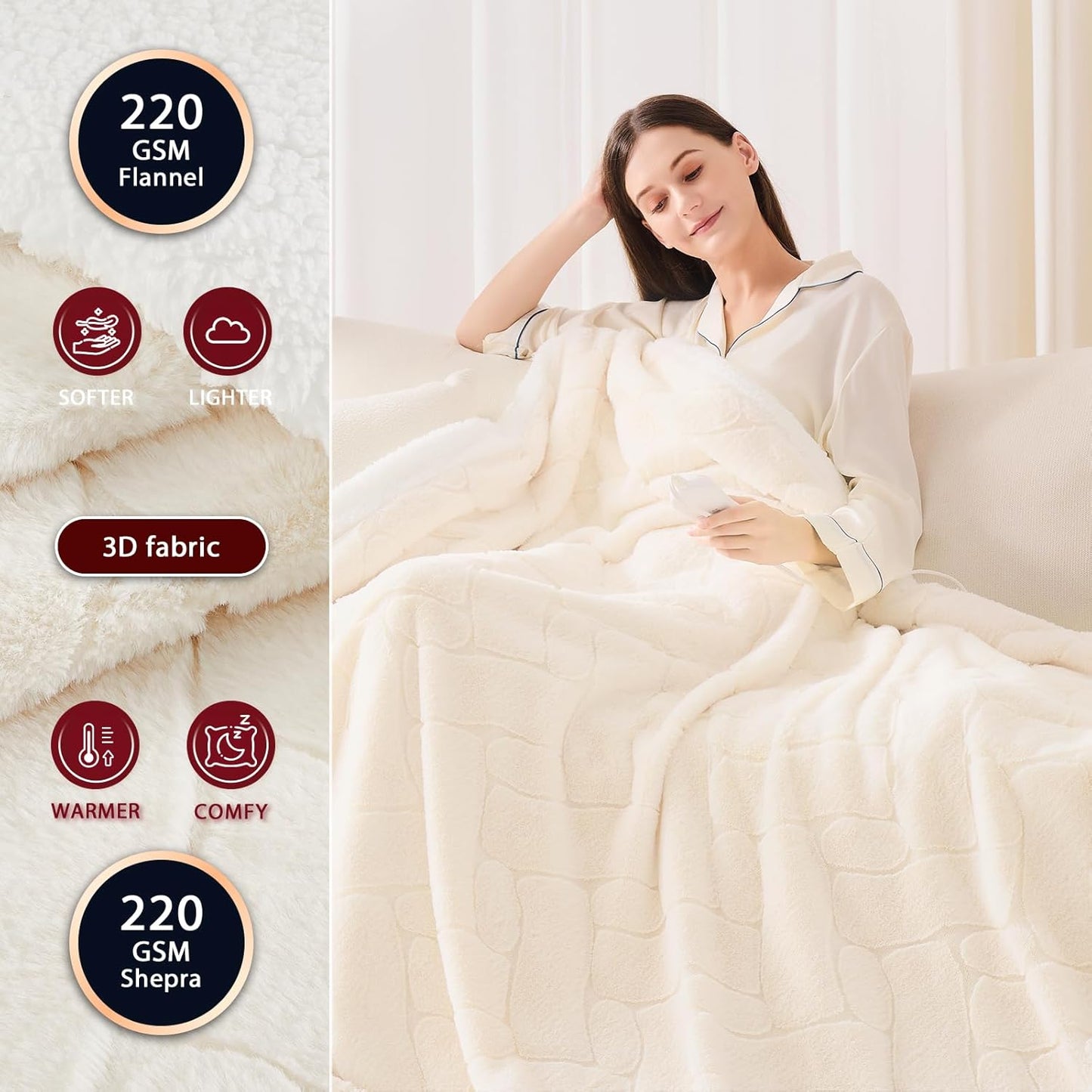 Heated Electric Blanket- Electric Throw Blanket 72"x84" for Bed- 5 Heating Levels& 4 Hours Auto Off for Home Office - Soft Faux Fur Fabric for Full Body(Beige)