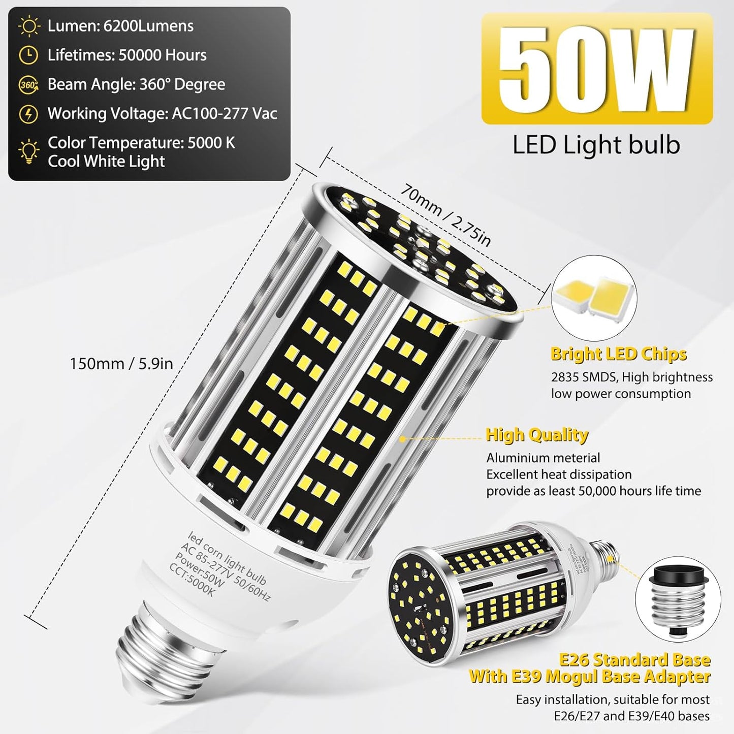 50W LED Corn Light Bulb(6 pack),5000K (500W Equivalent ) Commercial Grade Daylight E26/E39 6500LM Medium Mogul Base LED Lamp,Large Area Lights For Outdoor Indoor Garage Warehouse Factory Bay Light