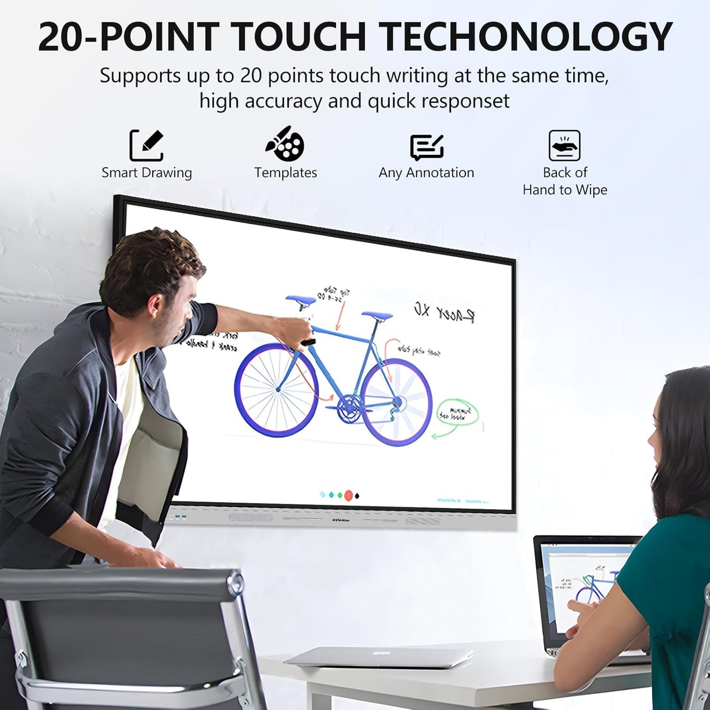 65 Inch Smart Board, 4K UHD Interactive Whiteboard with Auto Framing 4K AI-Camera and Soundbar, All in One Digital Whiteboard for Classroom and Business- Android 14(8+128GB)