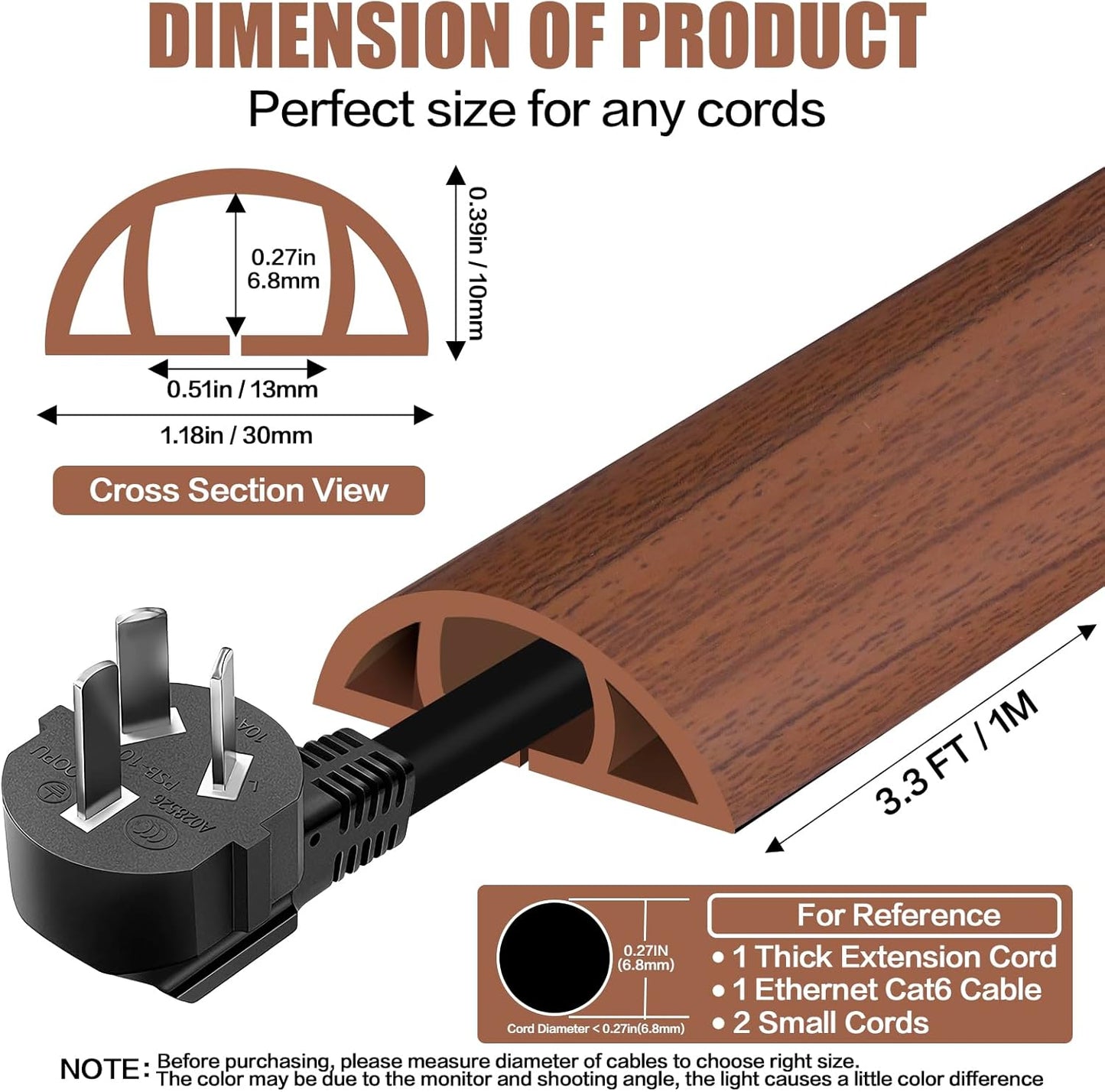 Floor Cord Cover Self Adhesive Cord Hider,3.3FT Cable Management, Extension Strip Protector for Wires, Prevent Cable Trips for Offices, Gyms, Exhibitions Cavity:0.39"(W) x0.27(H) Wood Red Teak