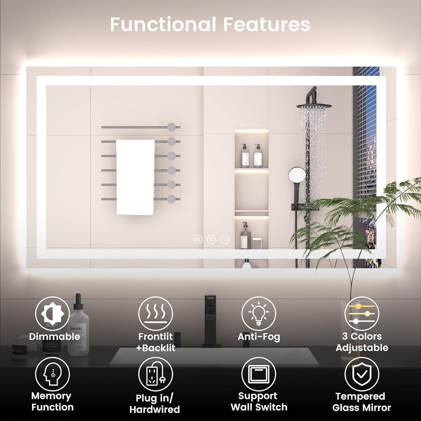24X48 LED Bathroom Mirror with Lights, Anti-Fog, Backlit + Front Lit (CRI>90), Lighted Bathroom Vanity Mirror for Wall, Memory Function, Dimmable, Tempered Glass, Shatter-Proof