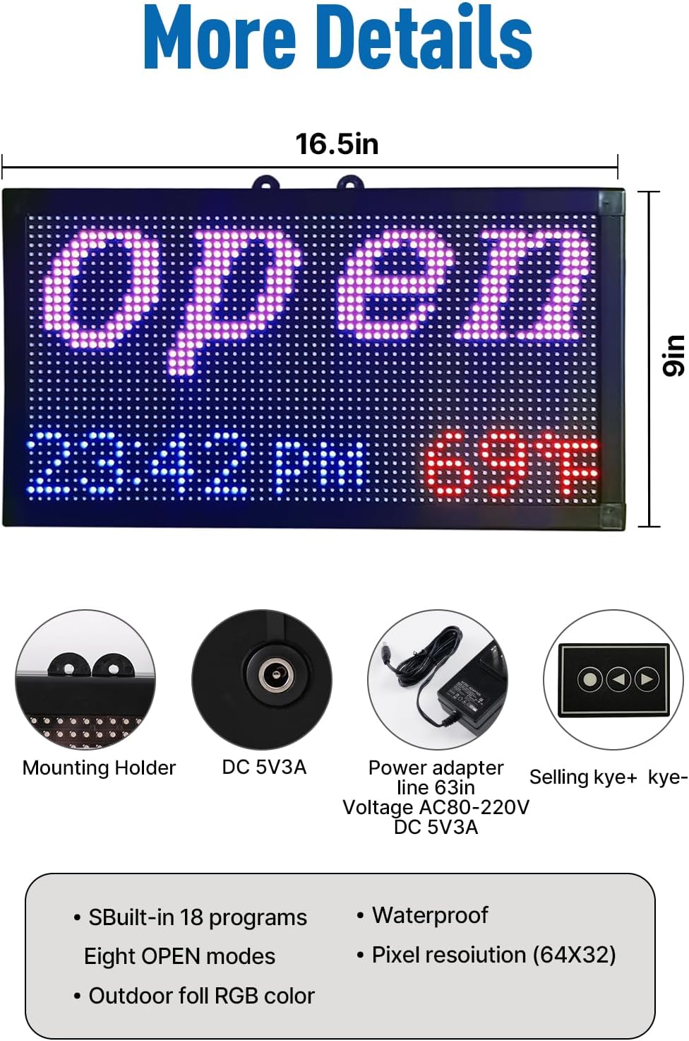 16.5x9 Inch Weatherproof LED Open Closed Sign with Remote Control, Digital Clock & Temperature Display - Customizable Business Hours Sign for Stores, Restaurants, Retail Shops