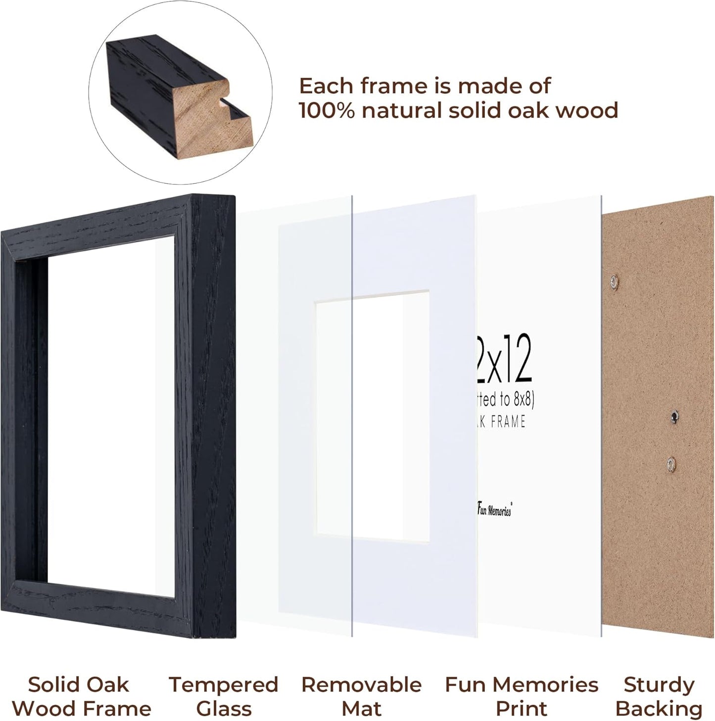 12x12 Picture Frames Set of 4, Black Wood Picture Frame 12 x 12, Oak Wood 12 by 12 Frames with Real Glass, Square 12 x 12 Photo Frames for Wall, 12x12 Frame with Mat for 8x8, Wall Gallery Frame Set
