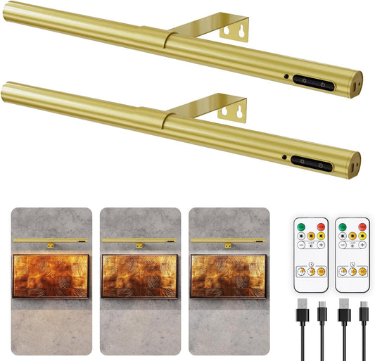 19.7inch Battery Operated Wireless Picture Light，Remote Control Painting Display Lights, Rechargeable Wall Lights with Three Modes and Power Display for Art Frame (Gold-2set)