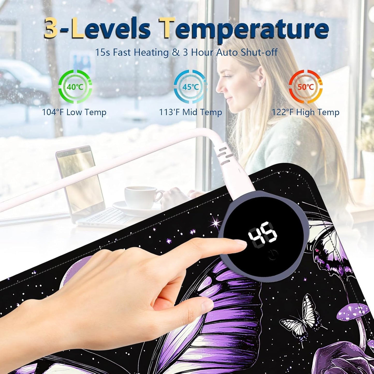 Heated Mouse Pad with 3 Temperature Settings(104°F–122°F),Large 31.5x13 Inch PU Leather Heated Desk Mat,Waterproof Warming Pad for Office,Gaming & Cold Hands Relief,Purple Butterfly Flower