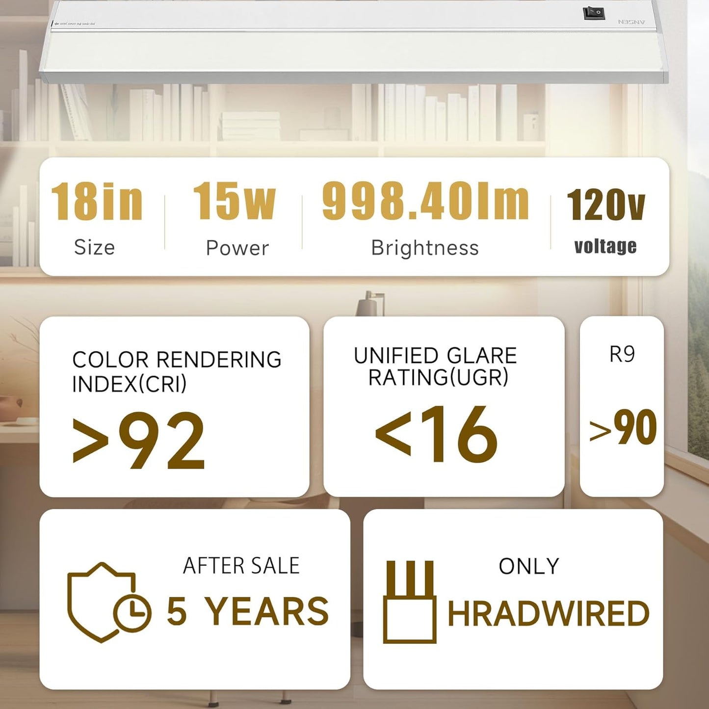 Ansen Hardwired Under Cabinet Lighting, 18inch 15W LED Light for Kitchen/Closet, 998.4lm, CRI>92, R9>90, Dimmable, 3 Color Temperature, 3000K/4000K/5000K(Warm White, Cool White, Daylight)