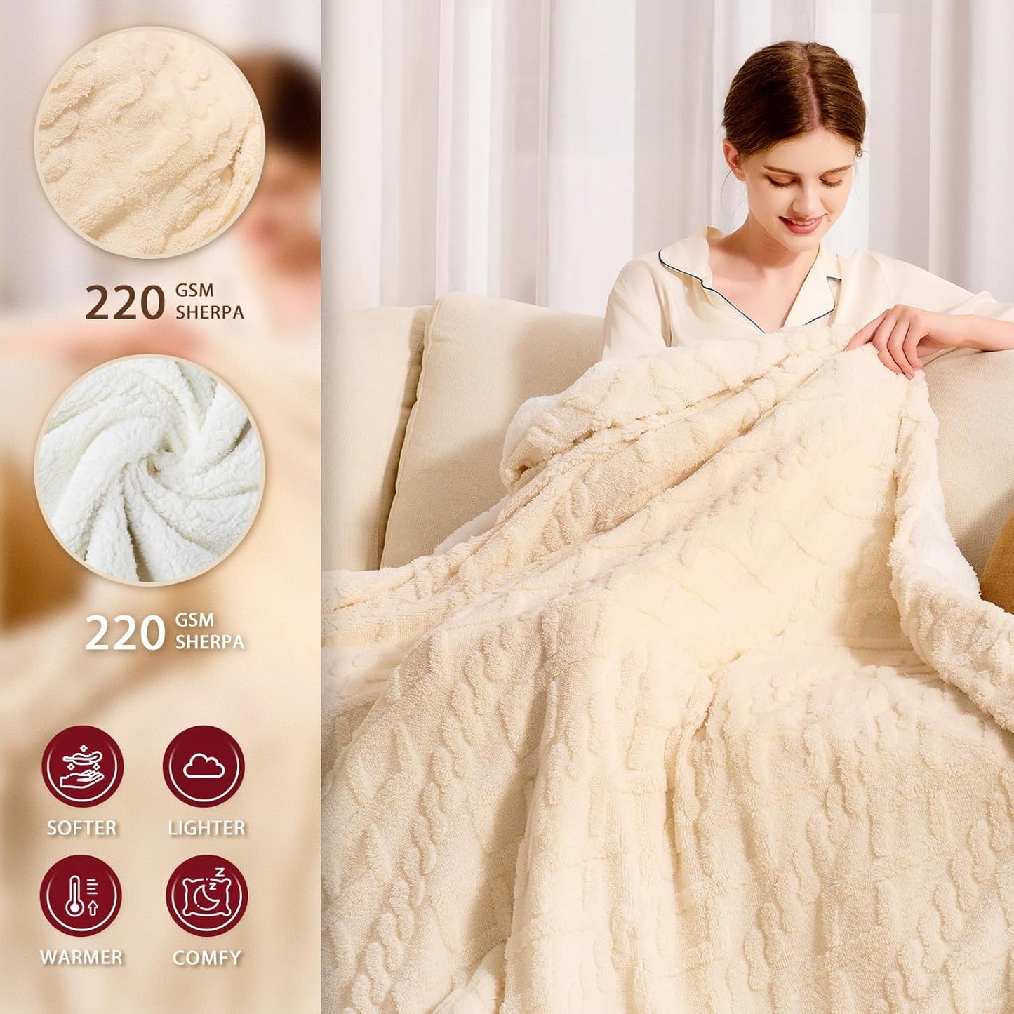 Heated Electric Blanket Full Size-72"x84" Heating Blanket with 10 Heating Levels & 5 Time Settings Over-Heat Protection，Winter Warmer for Adults with ETL Certification（Cream）