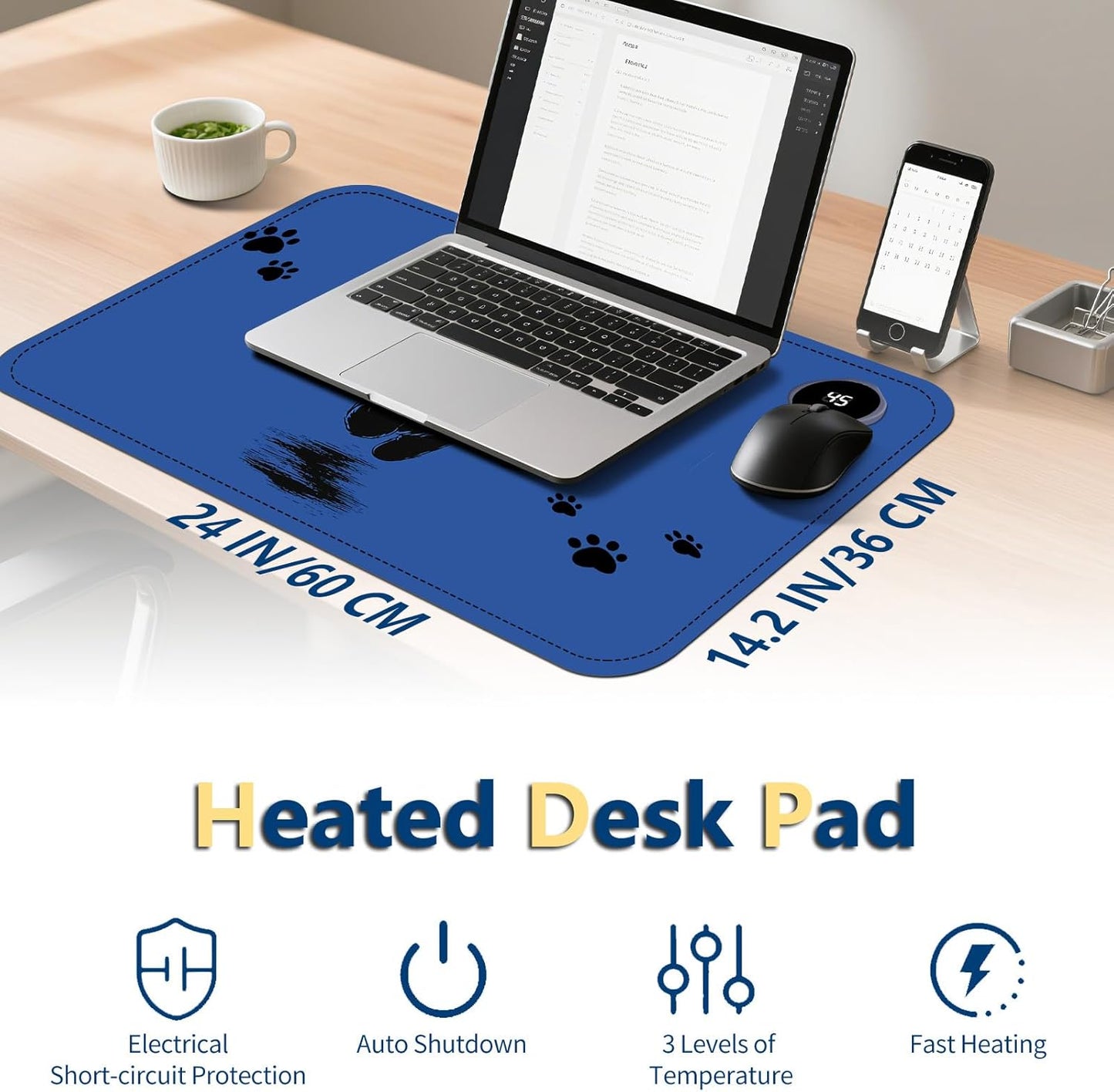 Heated Mouse Pad with 3 Temperature Settings(104°F–122°F),Large 24x14.2 Inch PU Leather Heated Desk Mat,Waterproof Warming Pad for Office,Gaming & Cold Hands Relief,Cute Black Cat