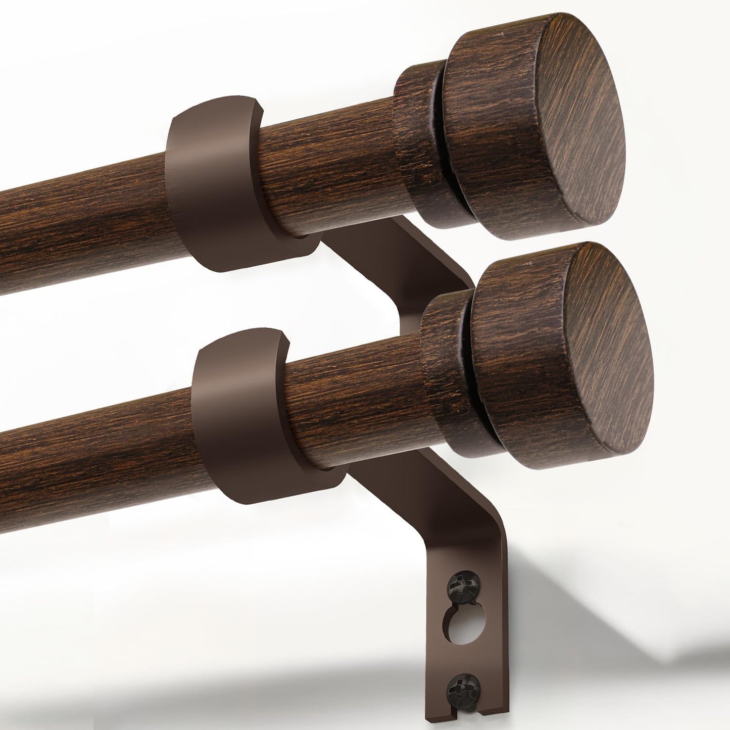 2 Pack Deep Walnut Wood Grain Curtain Rods for Windows 72 to 144 Inches 1" Diameter Heavy Duty Window Curtain Rod Adjustable with Solid Finials for Living Room Bedroom Kitchen Farmhouse Outdoor