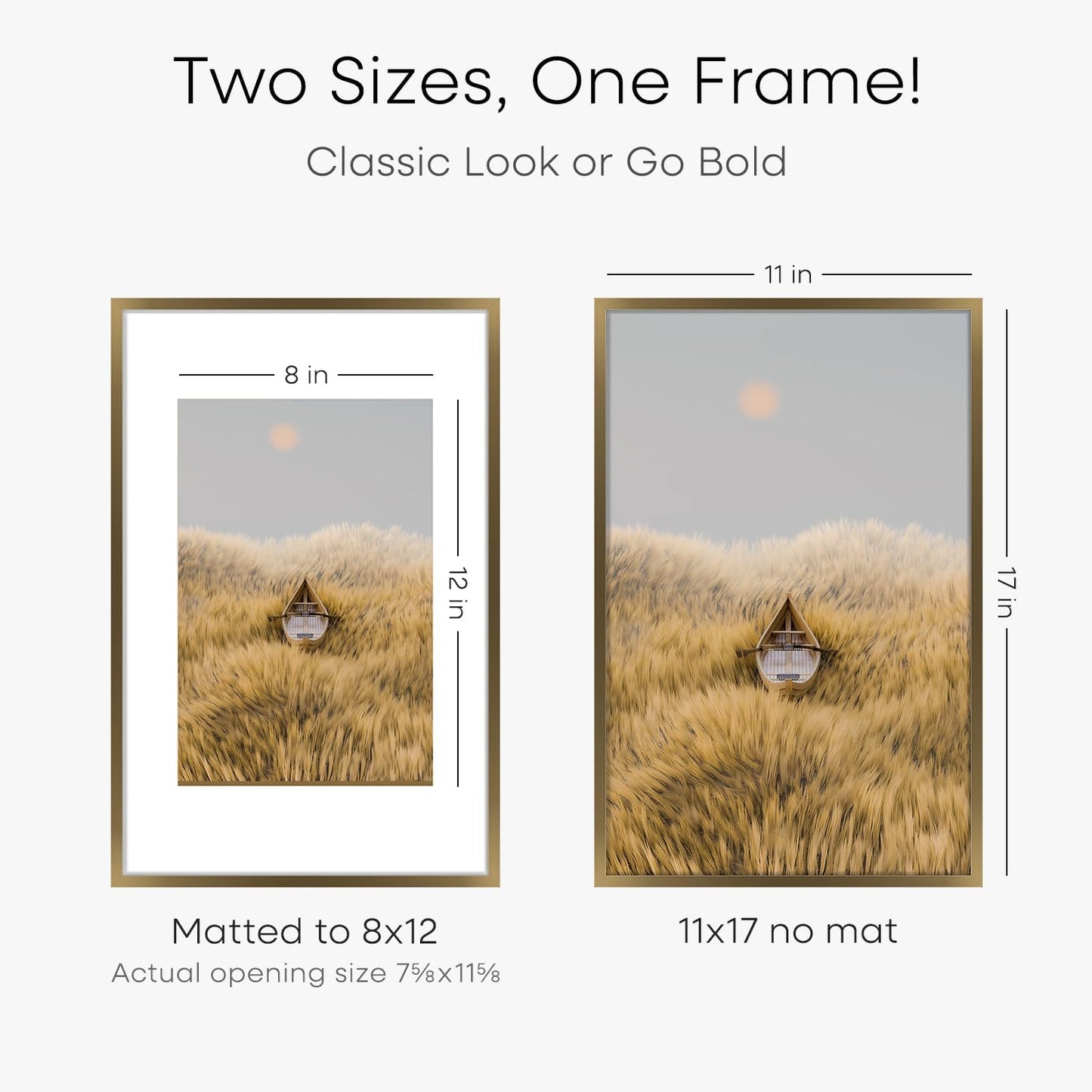 Homeforia 11x17 Bronze Picture Frame, High End Metal 11x17 Brass Poster Frames with Mat 8x12 for Photo, 11 x 17 Frame Matted to 8 by 12 inch Print, 17x11 Thin Frame, Tempered Glass, Wall Kit, Set of 3