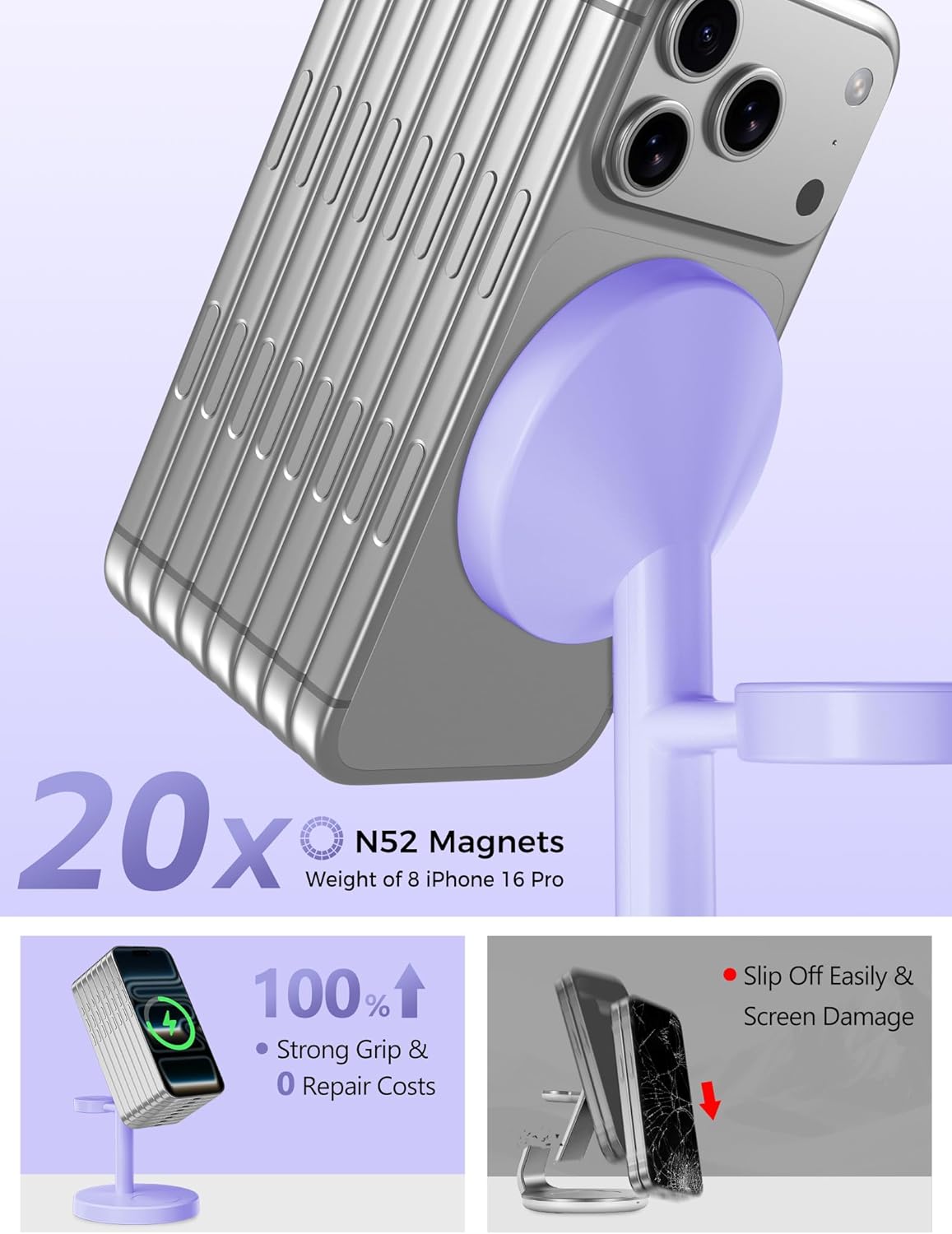2025 3 in 1 Wireless Charging Station Compatible with MagSafe, 15W Fast Magnetic Mag-Safe Charger Stand for Apple iPhone 17 16 15 14 13 12 Series iWatch AirPods Pro 4 3 2, Purple