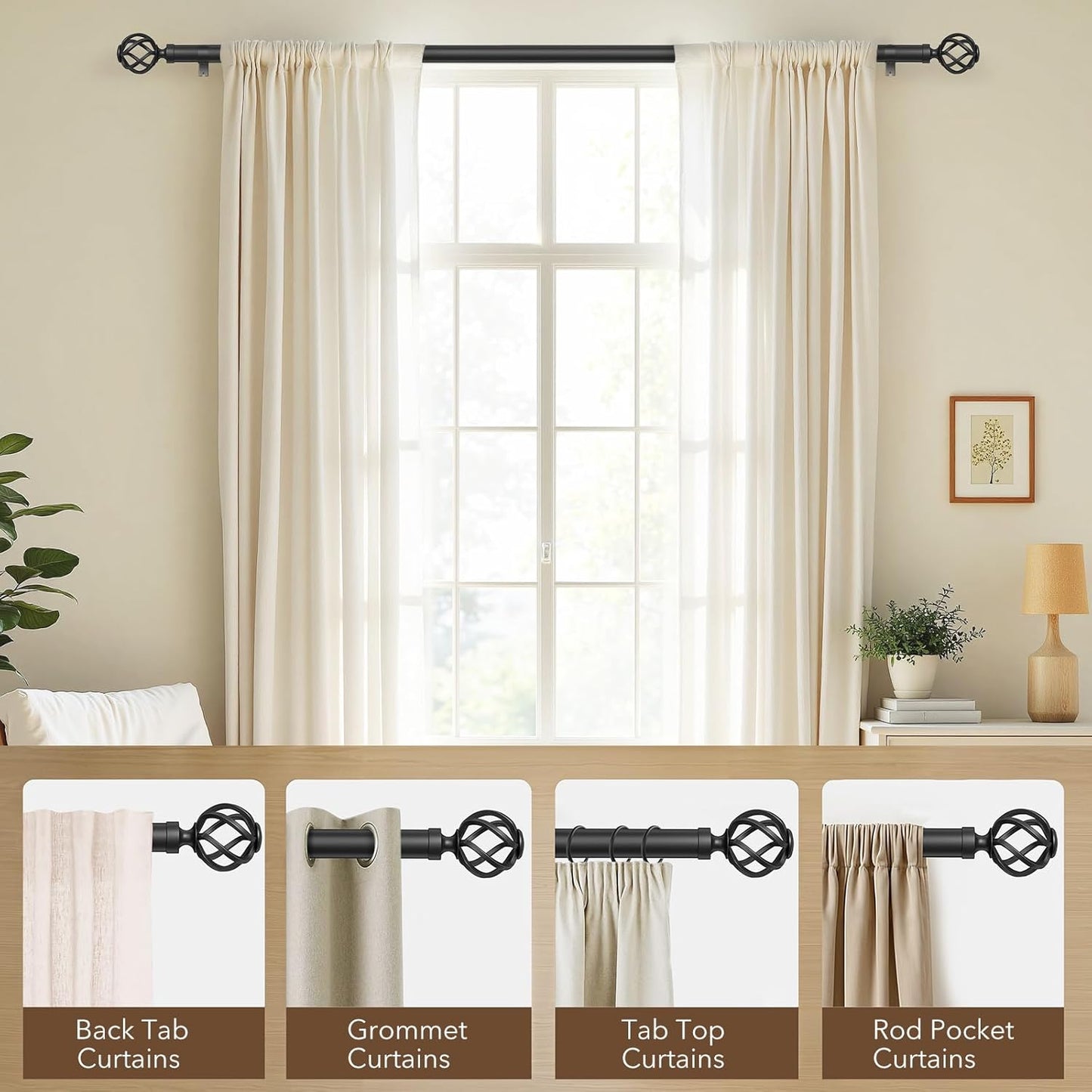 2 Pack Curtain Rods for Windows 72 to 144, 1 Inch Adjustable Decorative Long Black Curtain Rod with Twisted Cage End, Modern Heavy Duty Indoor Outdoor Drapery Rods for Patio, Size 32" - 150"