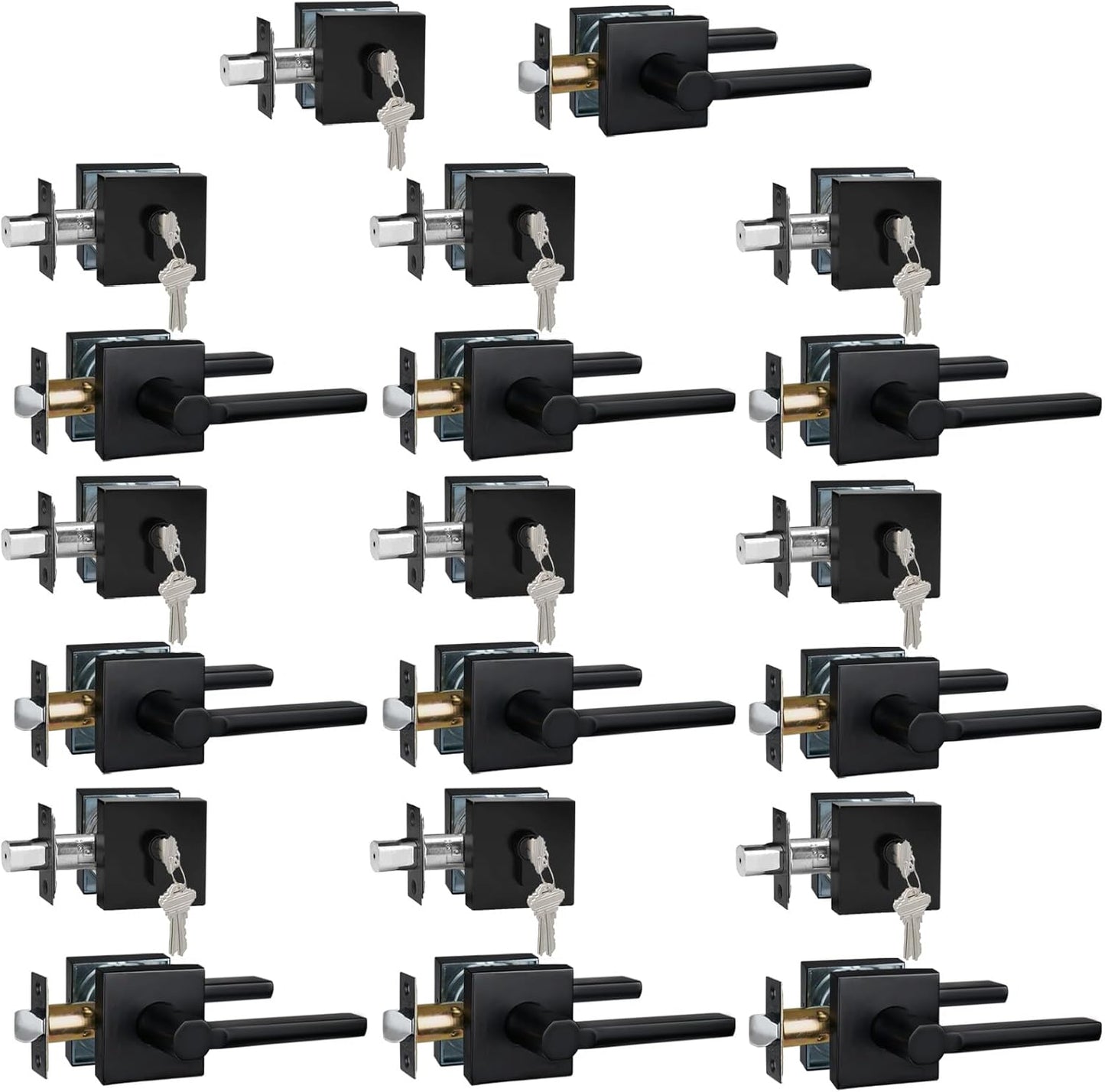 10 Sets Passage Door Lever and Single Cylinder Deadbolt Lock Set, Heavy Duty Square Handle for Entrance and Front Door, Matte Black, Different Keys