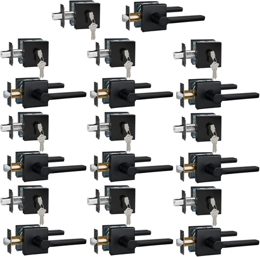 10 Sets Passage Door Lever and Single Cylinder Deadbolt Lock Set, Heavy Duty Square Handle for Entrance and Front Door, Matte Black, Different Keys
